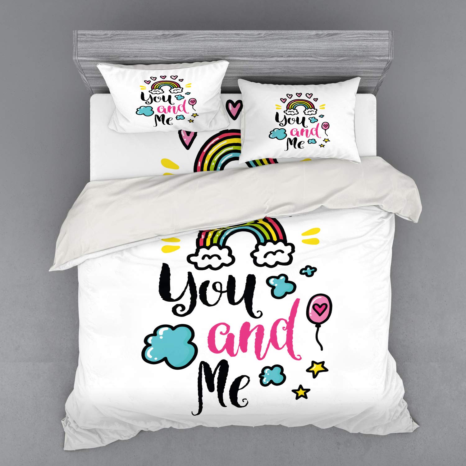 Ambesonne Inspirational 4-Piece King Size Bedding Set - Rainbow Clouds & Hearts Love Romance Doodle Print Duvet Cover with Shams & Fitted Sheet, Multicolor | Perfect for Couples Bedroom, Romantic Gift & Cozy Home Decor