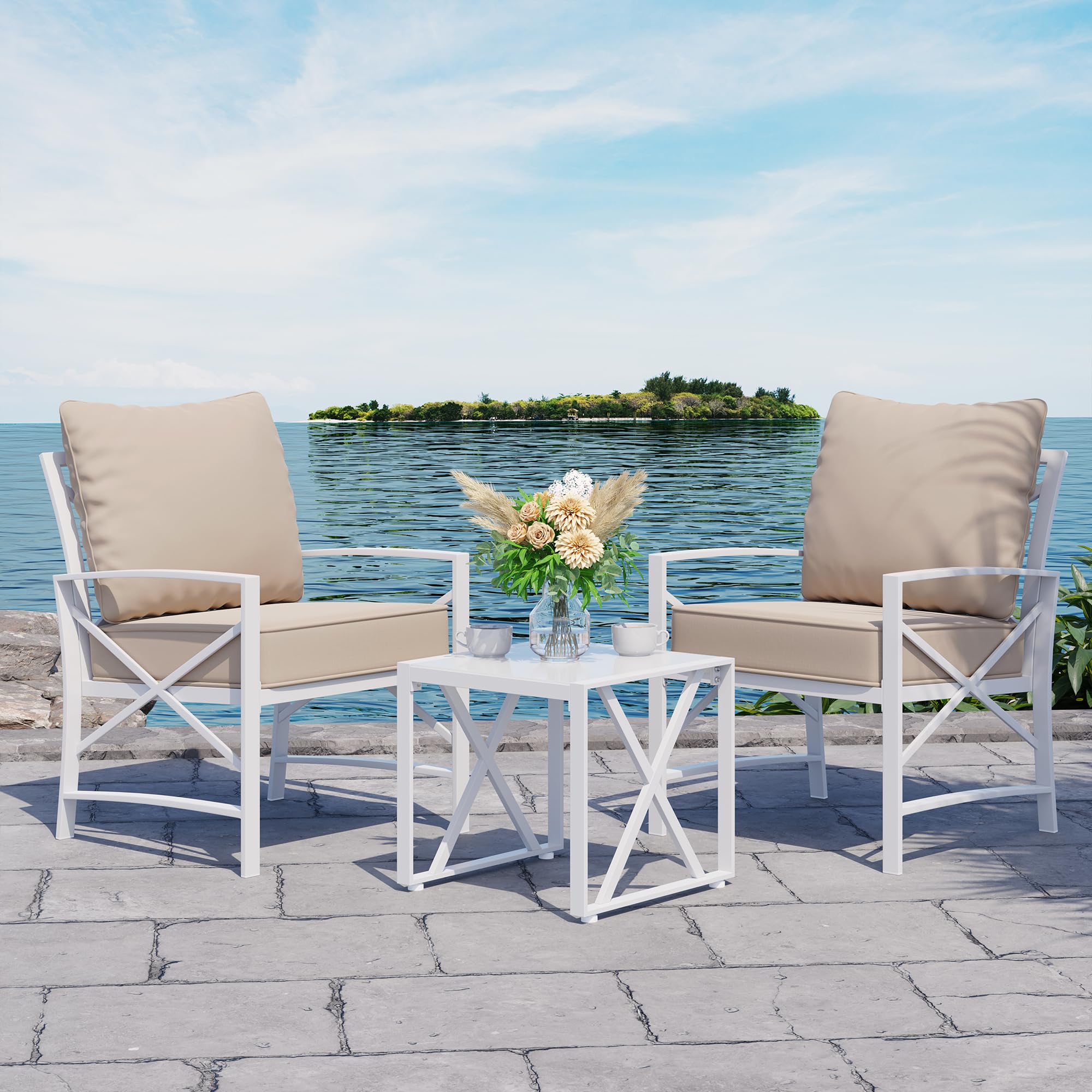 Shintenchi 3-Piece White Metal Outdoor Patio Furniture Set - Modern Sectional Sofa with Coffee Table for Backyard, Garden, Balcony - Weather-Resistant Conversation Set (Khaki) | Perfect for Outdoor Relaxation & Entertaining