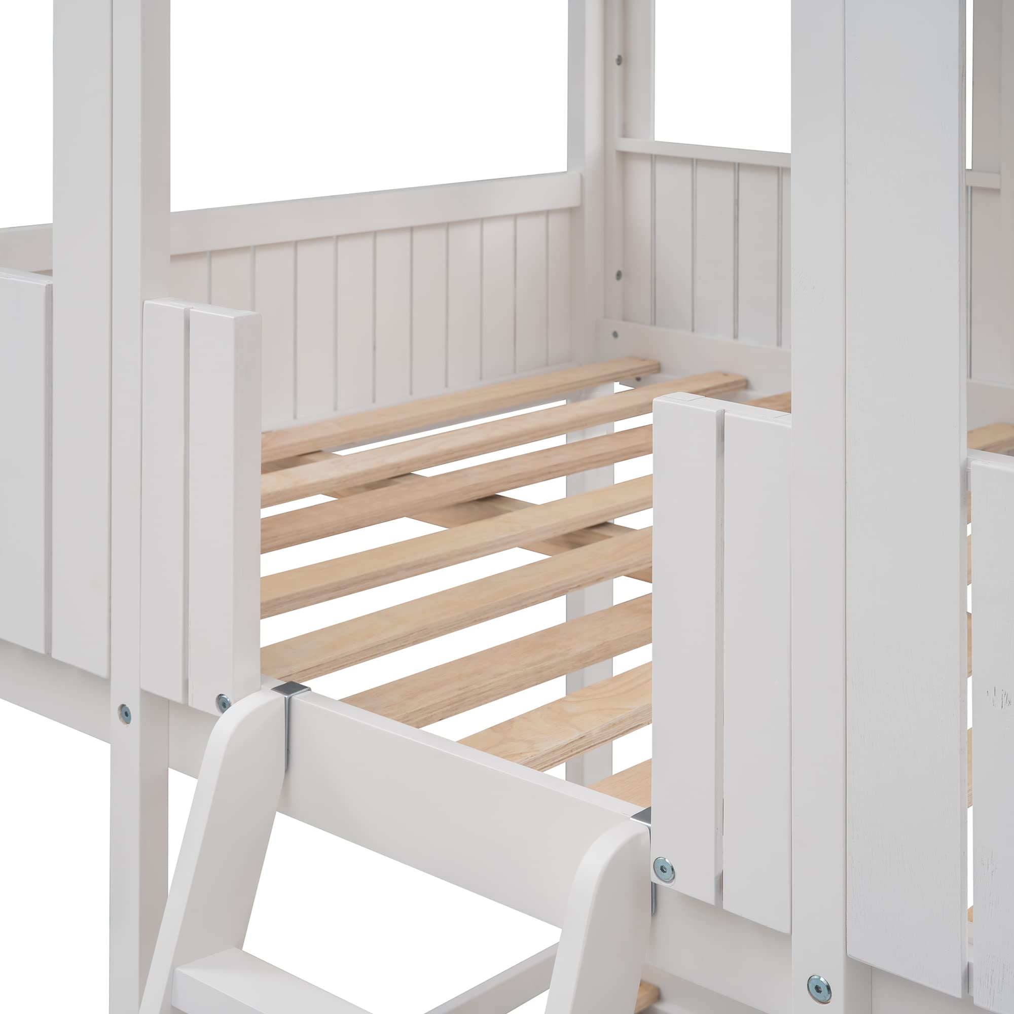 MERITLINE Full Over Full Bunk Bed with Roof - Wooden House Style Bunk Bed Frame with Window, Guardrail & Ladder for Kids, Teens, Boys & Girls (White) - Perfect for Kids' Bedrooms, Shared Rooms & Small Spaces