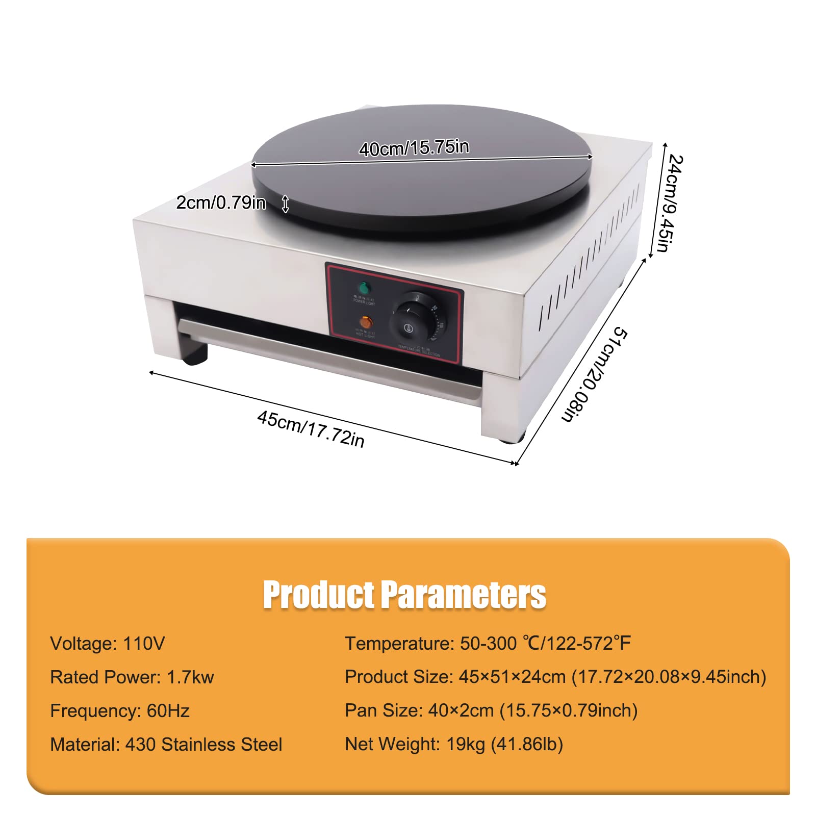 16 Inch Commercial Electric Crepe Maker - 1700W Nonstick Round Hotplate Griddle Machine with Adjustable Temperature for Pancakes, Blintzes, Eggs & Tortillas - Perfect for Restaurants, Cafes & Home Breakfast Cooking