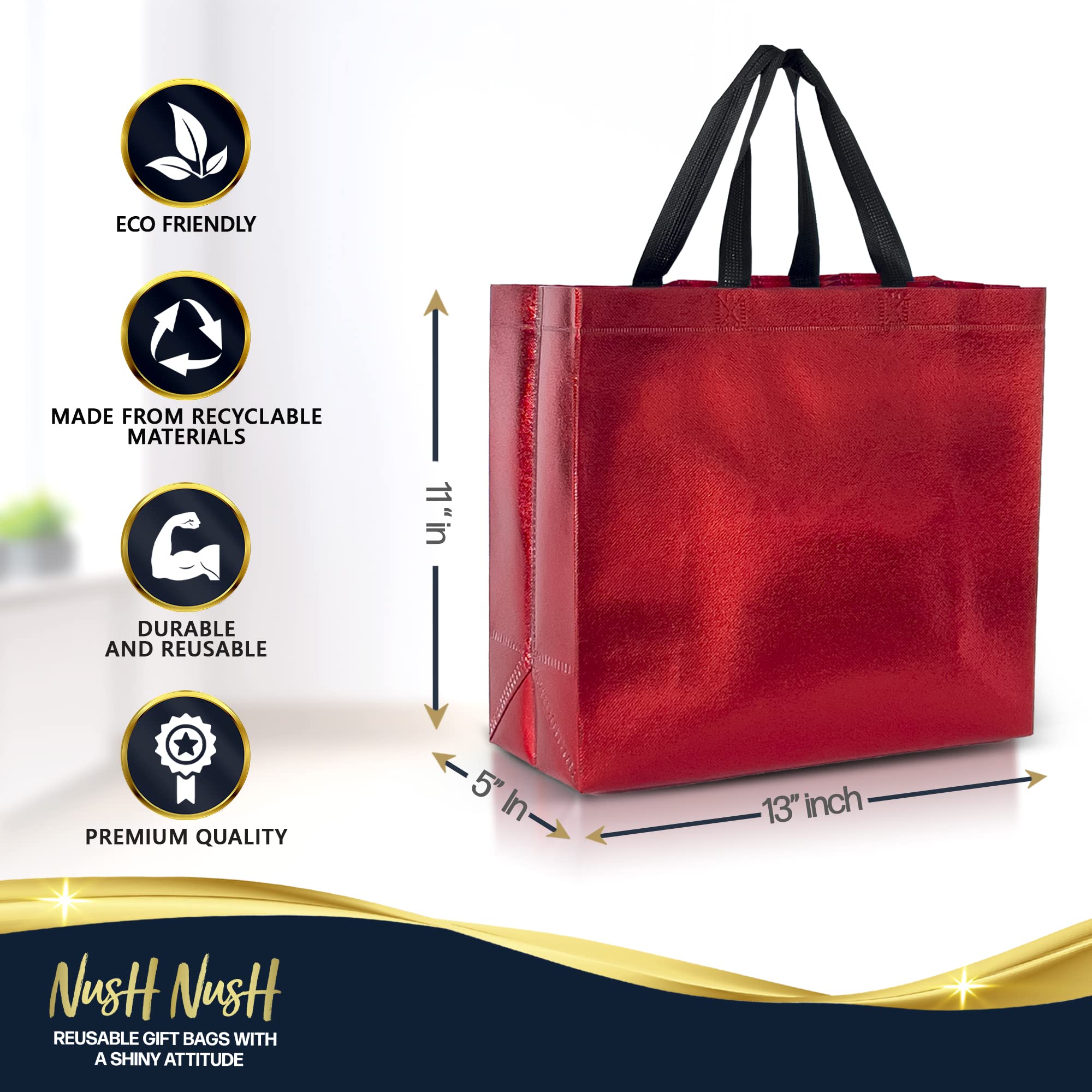 Nush Nush 12-Pack Large Red Reusable Gift Bags with Handles - 13