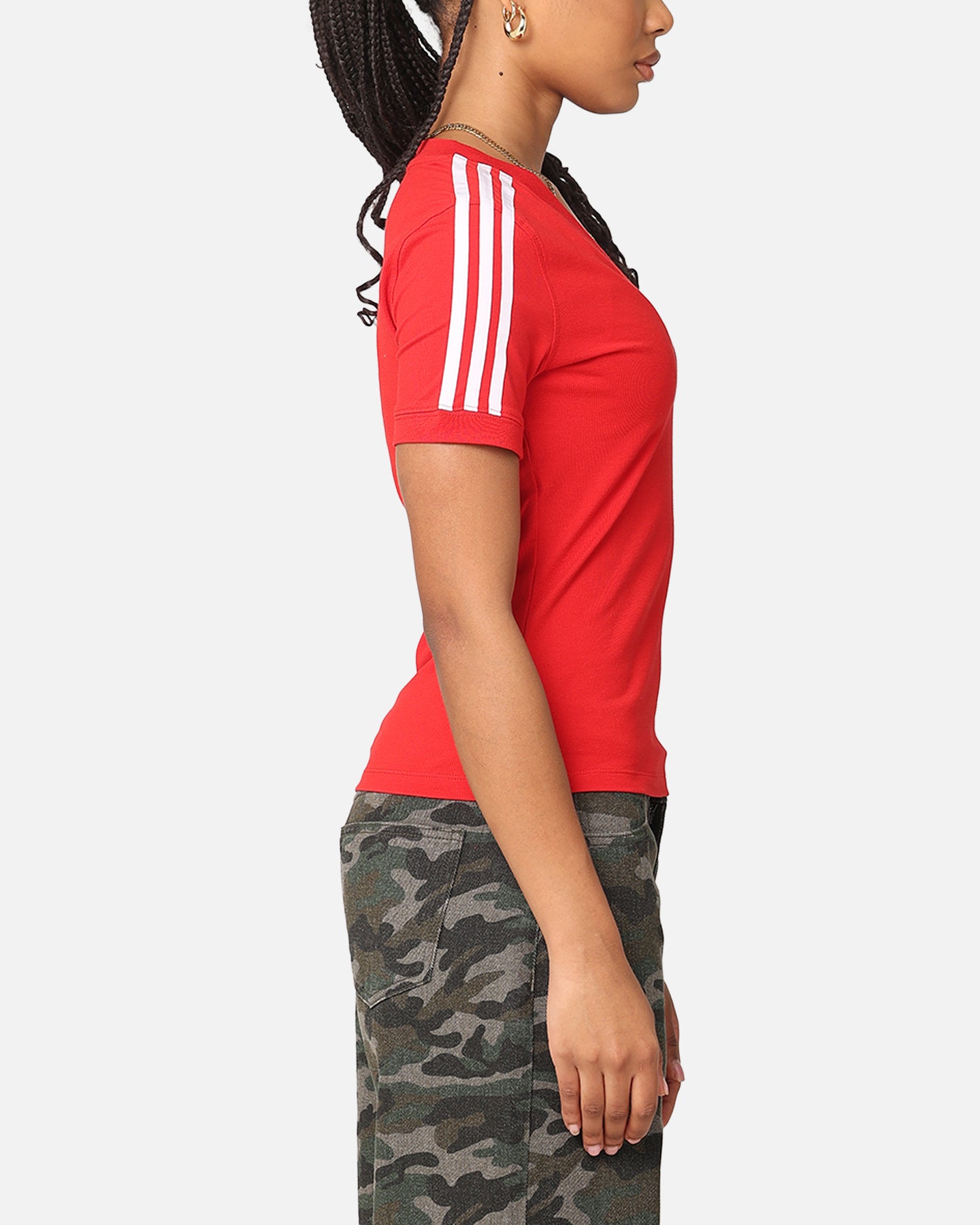 Adidas Women's 3 Stripe V-Neck T-Shirt - Better Scarlet Red Cotton Tee for Casual Wear, Gym & Everyday Outfits