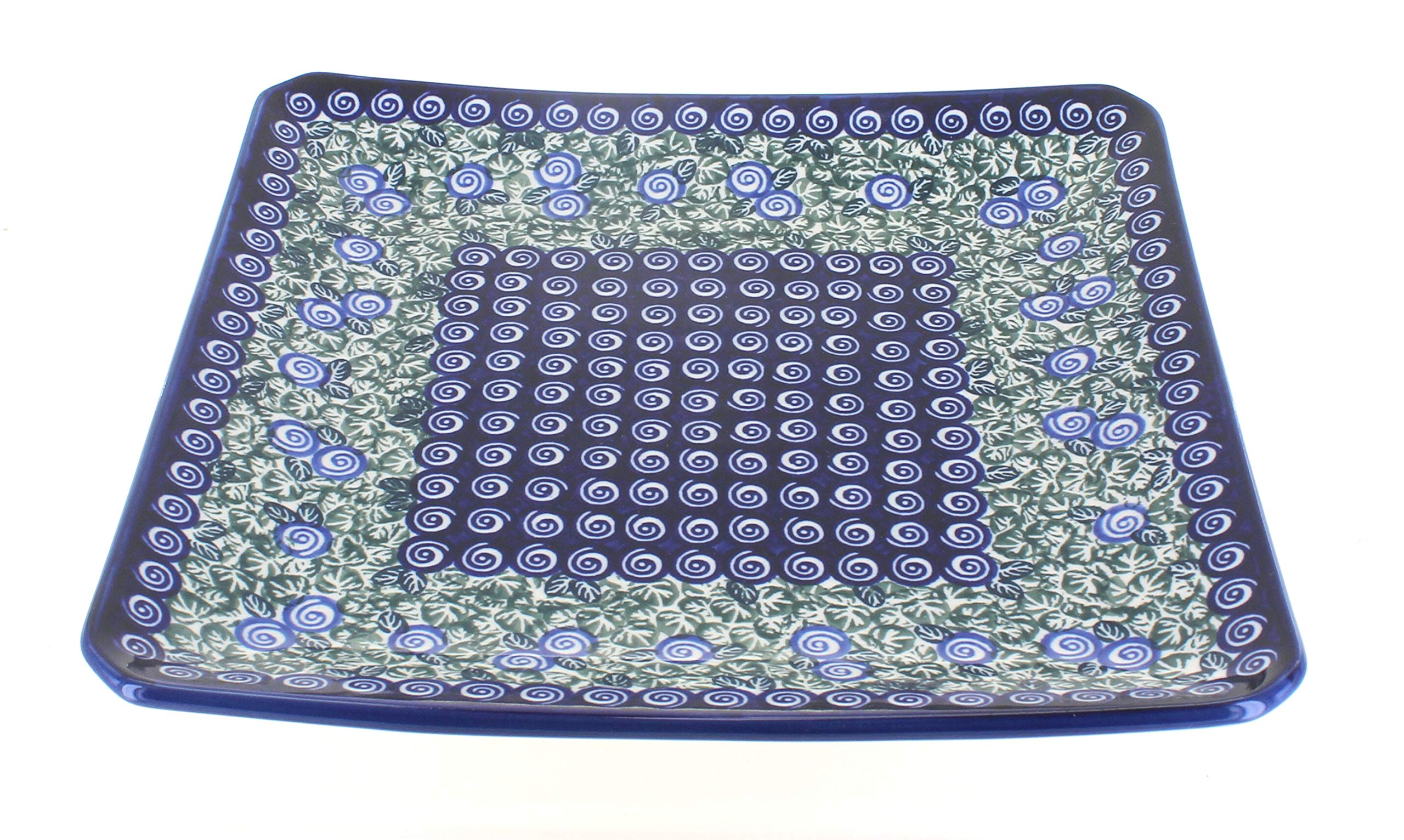 Blue Rose Polish Pottery Seaside Swirl Square Dinner Plate - Handmade Ceramic Plate for Coastal Dining, Kitchen Decor & Gift Giving - Perfect for Beach House, Cottage or Farmhouse Style Table Setting