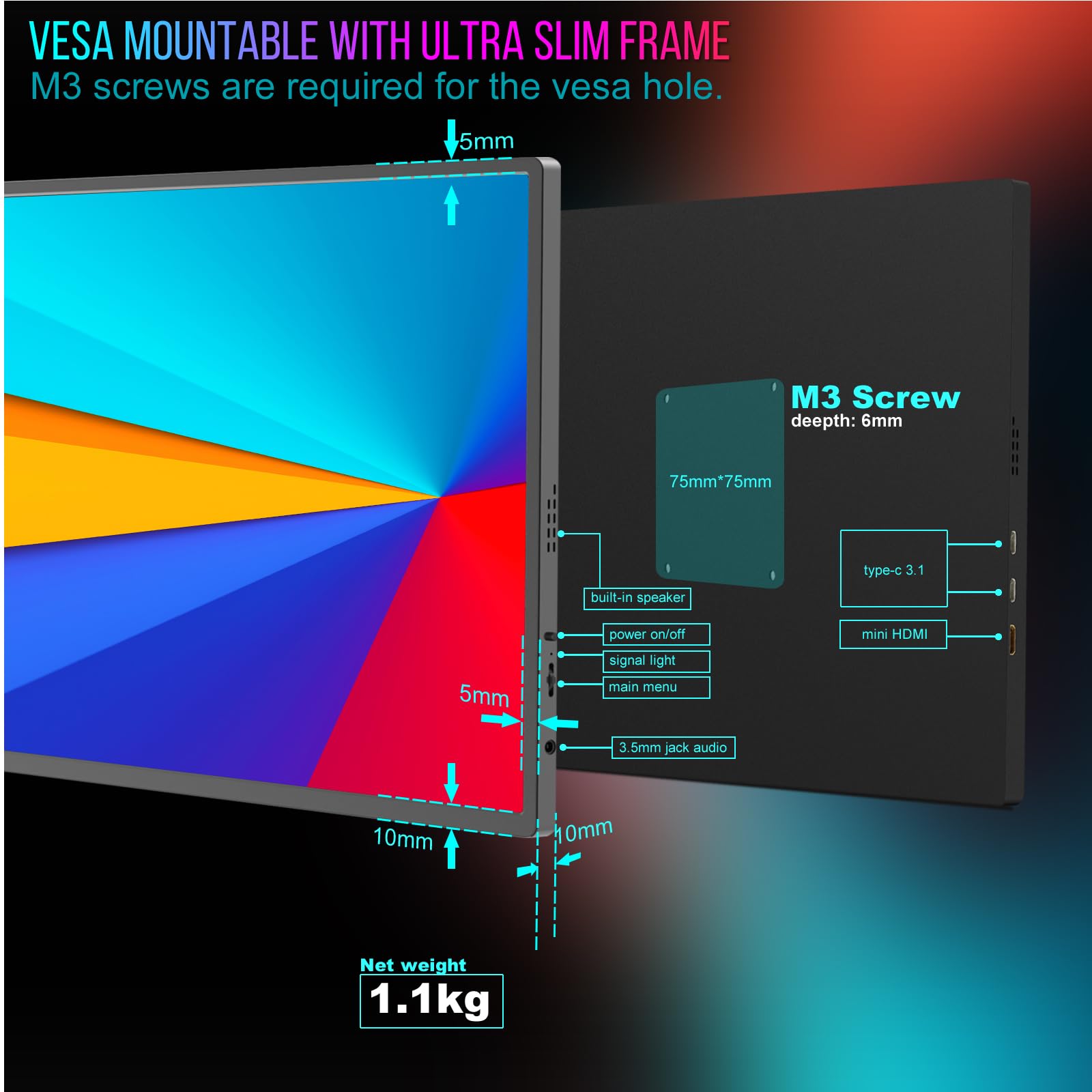 Bimawen 18.5 Inch Portable Monitor with 100% sRGB 1080p FHD Display, USB 3.0 Compatible for Laptop, Phone, PS5, Xbox & Gaming Devices - Sleek CNC Aluminum Frame (Dark) - Perfect for Work, Travel & Mobile Entertainment