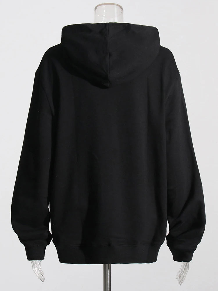 Women's Black Hooded Loose Sweatshirt - Long Sleeve Casual Pullover with Collar | Trendy Solid Color Sweater for Everyday Wear, Lounge & Street Style | 2022 Fashion Collection