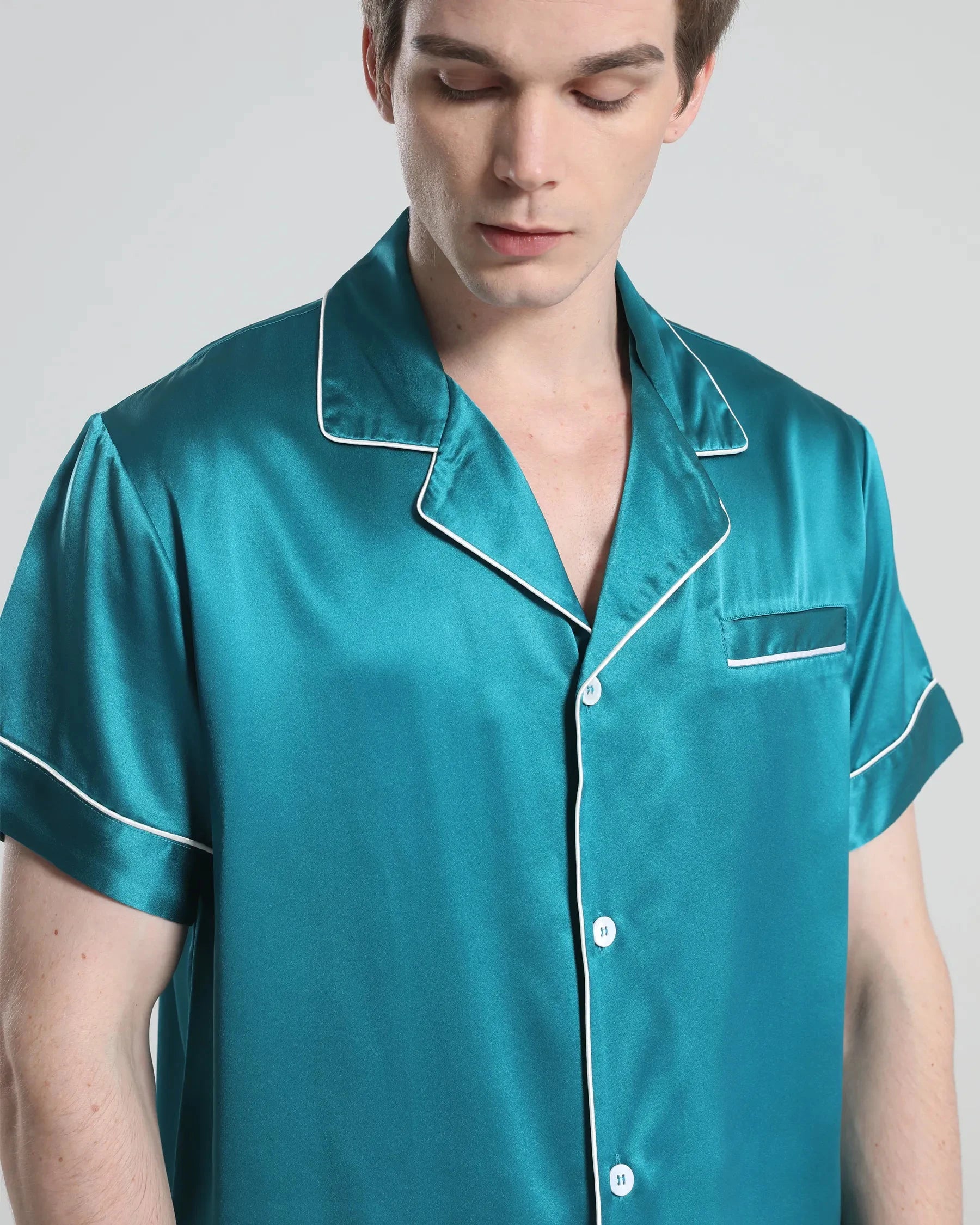 Men's Casual Silk Short Pajama Set - Soft & Breathable Sleepwear for Summer Nights - Perfect for Lounging, Travel & Home Relaxation