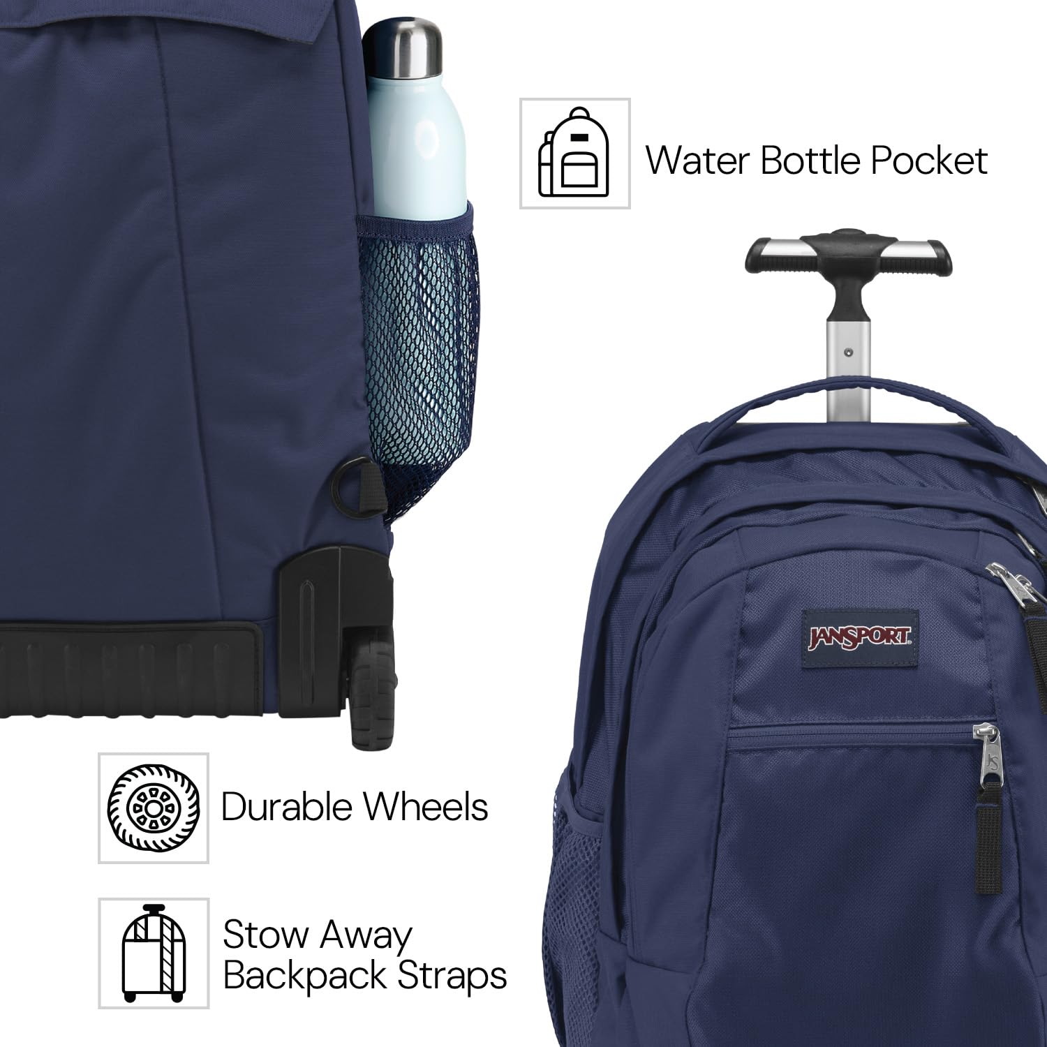 JanSport Driver 8 Wheeled Rolling Backpack - Black Travel Laptop Backpack with 15-Inch Sleeve, Durable Carry-On Bag for School, College, Business Trips & Airplane Travel