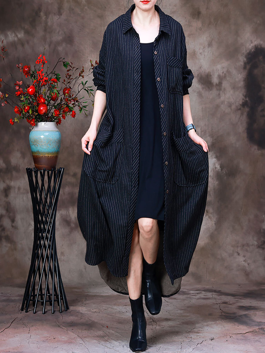 Plus Size Women's Cotton Striped Asymmetrical Long Jacket - Fashionable Oversized Duster Coat for Casual Wear, Office & Special Occasions