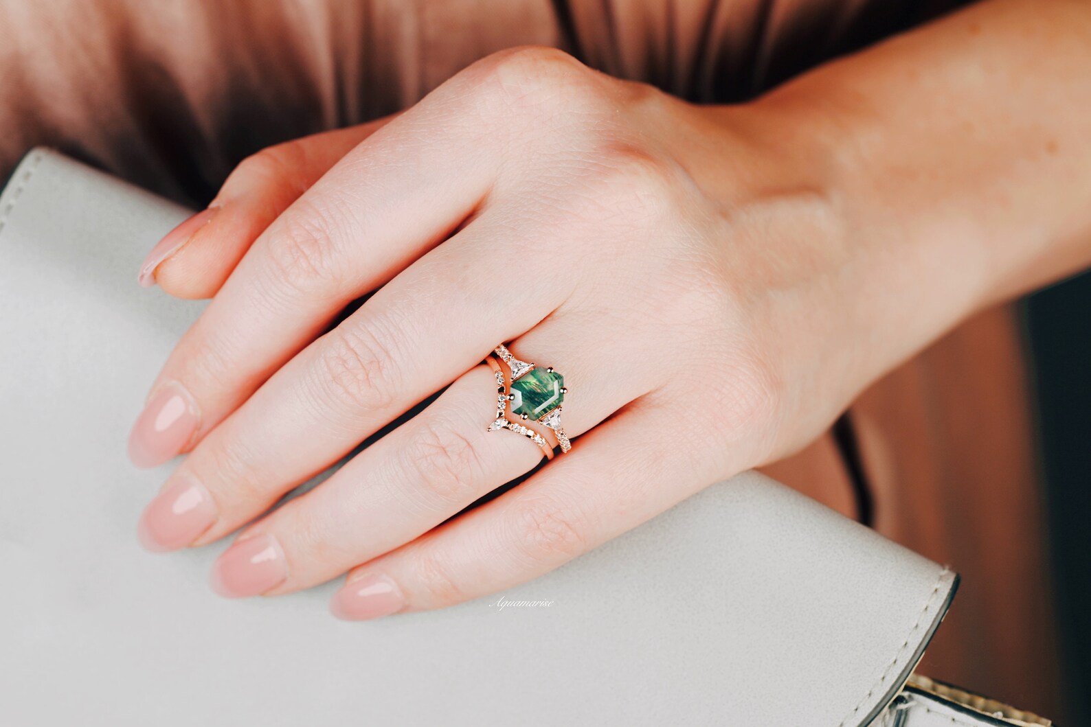 Hexagon Green Moss Agate Ring Set - 14K Rose Gold Vermeil Jewelry for Women, Elegant Stackable Rings for Everyday Wear, Gift for Her, Birthday & Anniversary Present