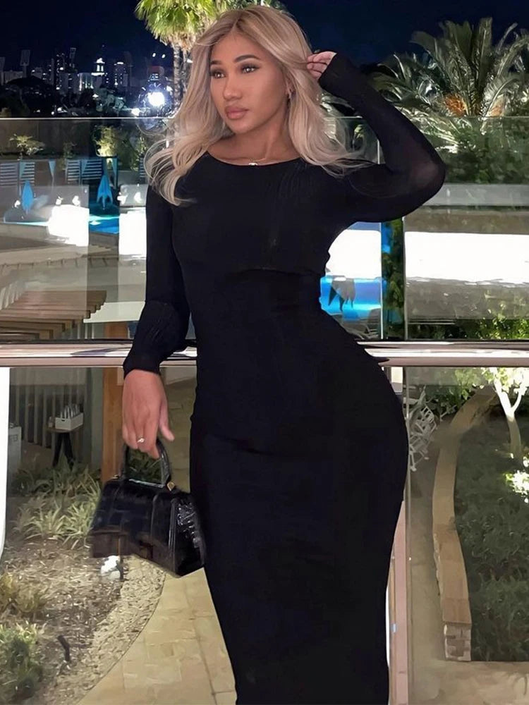 Y2K Autumn Long Sleeve Bodycon Maxi Dress for Women - Elegant O-Neck Solid Party Dress 2023 | Perfect for Club Nights, Streetwear Fashion & Formal Occasions