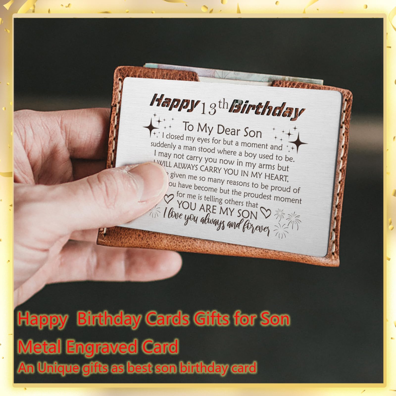 YODOCAMP Happy 13th Birthday Card for Son - Engraved Wallet Gift from Parents | Birthday Decorations for Boys | Perfect for Teen Celebrations, Parties & Special Moments