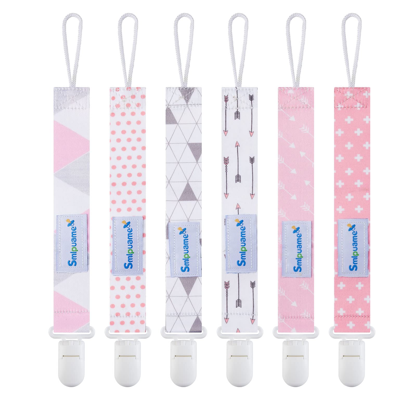 6 Pack Stylish Pacifier Clips for Baby Girls - Universal Binky Holder with Lightweight Clip, Fits Most Pacifiers & Teethers - Perfect Baby Shower Gift (Pink & Grey) - Ideal for On-the-Go, Daycare & Travel Use