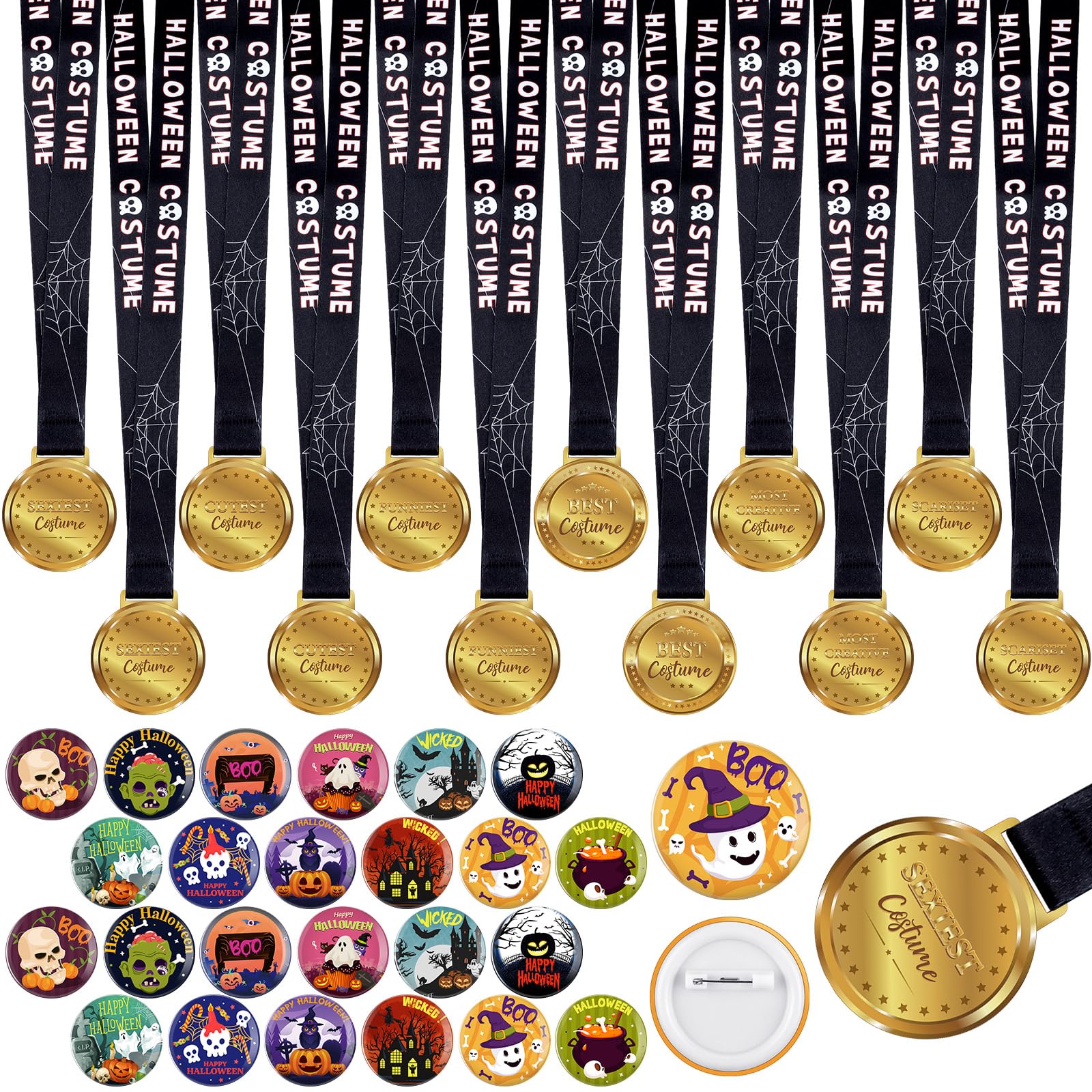 Halloween Costume Contest Medals & Pins Set - 36 Pcs for Party Favors & Awards
