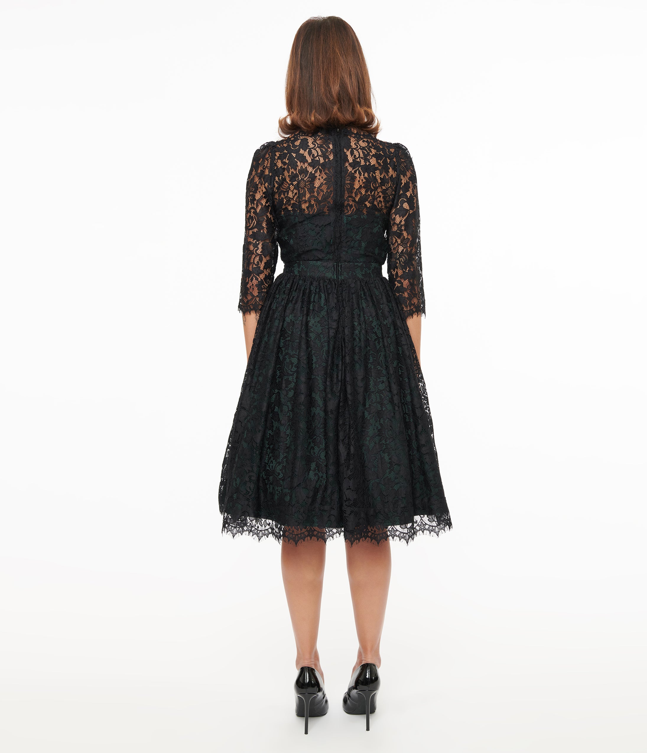 Vintage 1940s Black Lace Swing Dress - Retro Tea Length Cocktail Dress for Women | Perfect for Gatsby Parties, Swing Dancing & Vintage Weddings