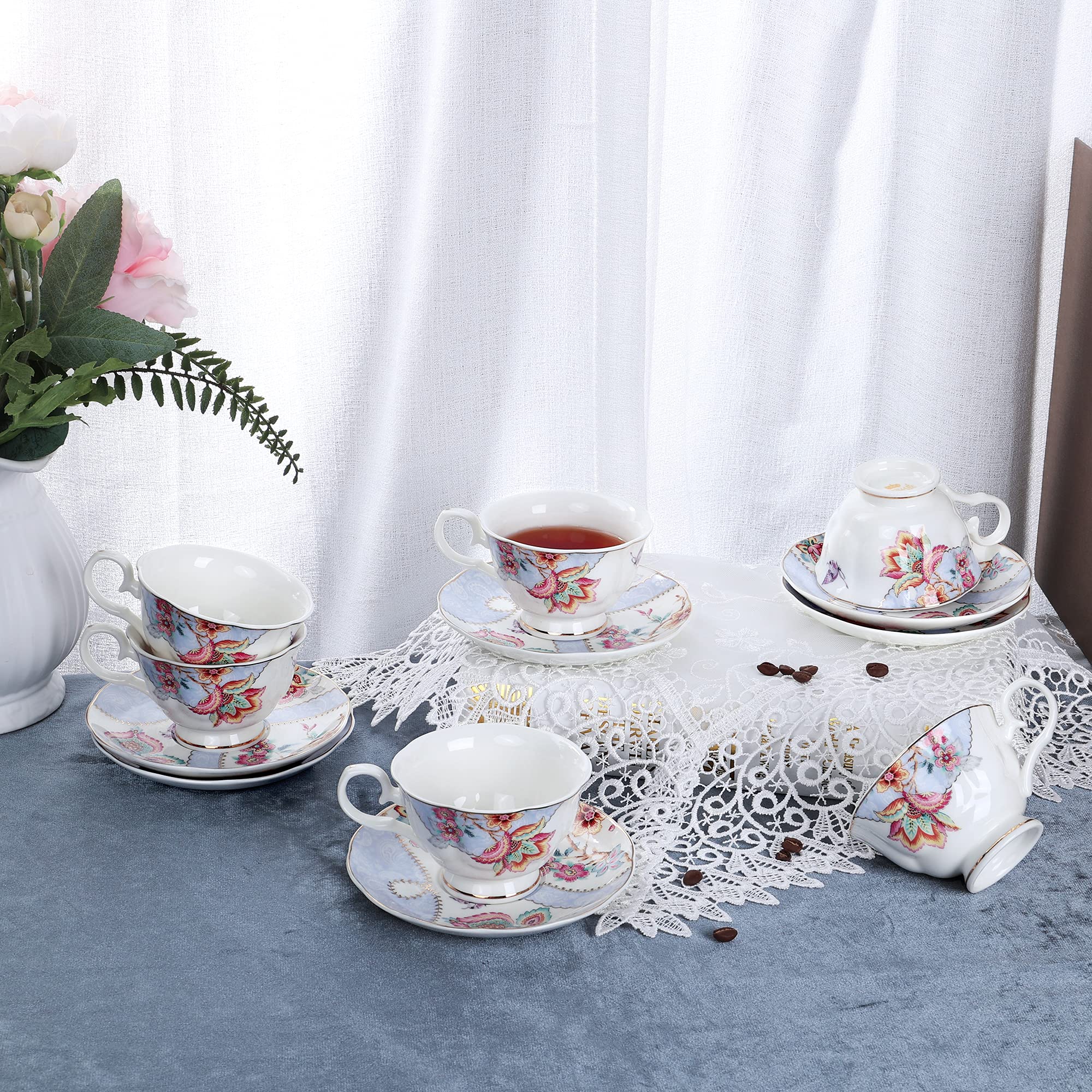 Fanquare Floral Coffee Cups Set of 6 (5 oz) - Porcelain Cappuccino Cups with Saucers - Elegant Tea Cups for Birthday, Wedding & Party - Purple - Perfect for Afternoon Tea, Coffee Break & Home Decor