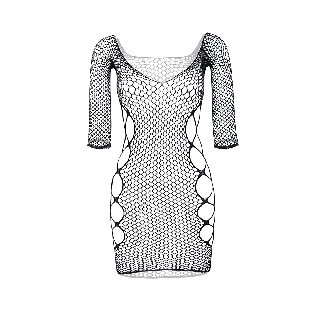 Sexy Women's Fishnet Lingerie Sleepwear - One Piece Babydoll V-Neck Mini Dress (One Size) for Bedroom, Boudoir Photography & Romantic Nights