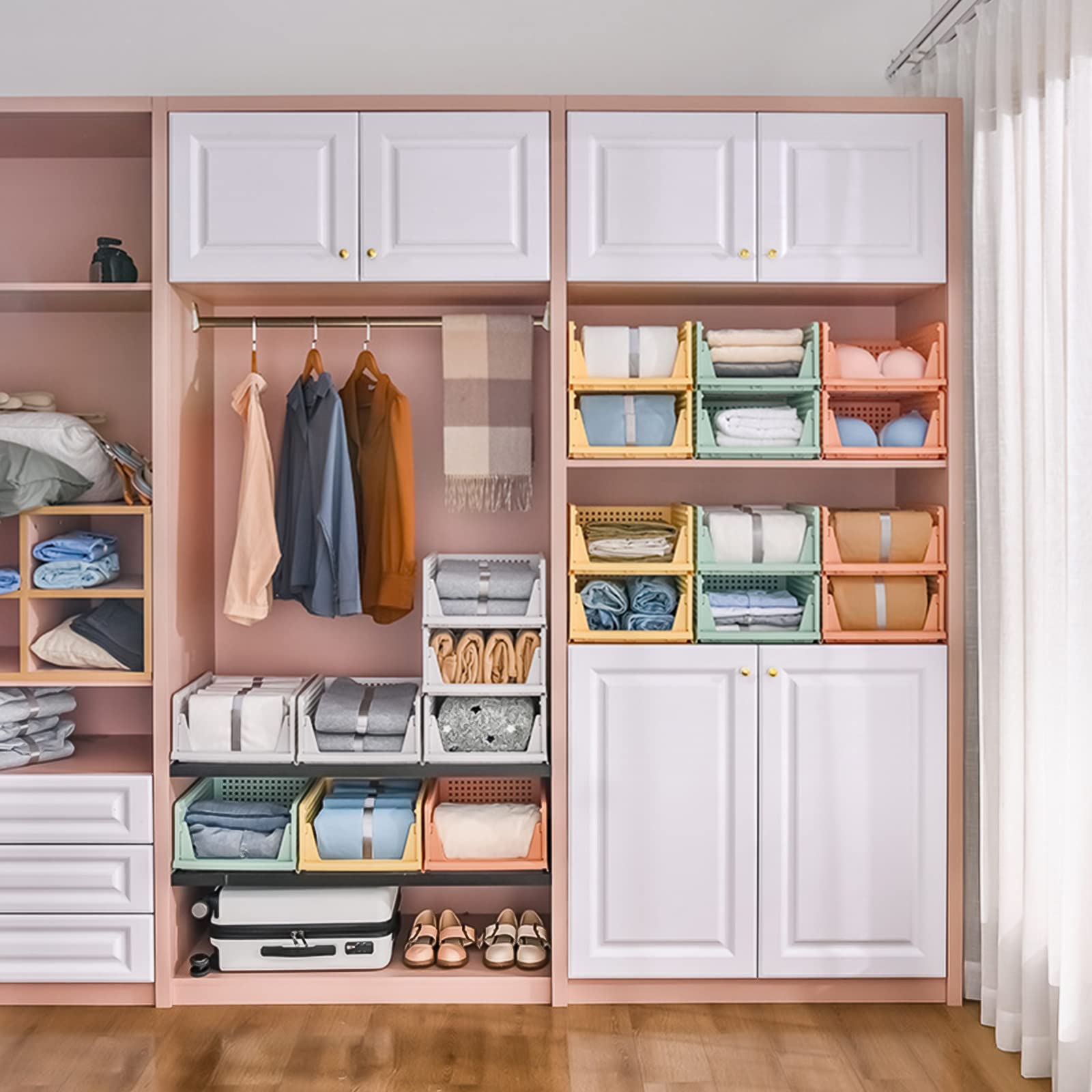 4 Pack Foldable Closet Organizers - Stackable Plastic Storage Bins & Drawer Organizers for Clothes, Underwear, Socks | Space-Saving Wardrobe Storage Solution for Bedroom, Closet & Dorm Organization