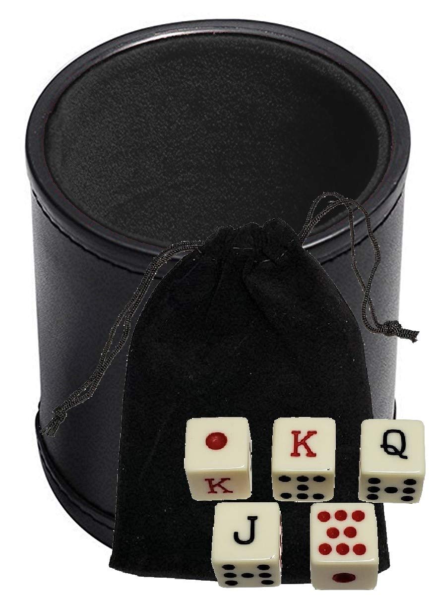 Premium Black PU Leather Dice Cup Set with 16mm Ivory Spanish Poker Dice & Storage Pouch - Perfect for Casino Nights, Poker Games, Board Games and Family Gatherings
