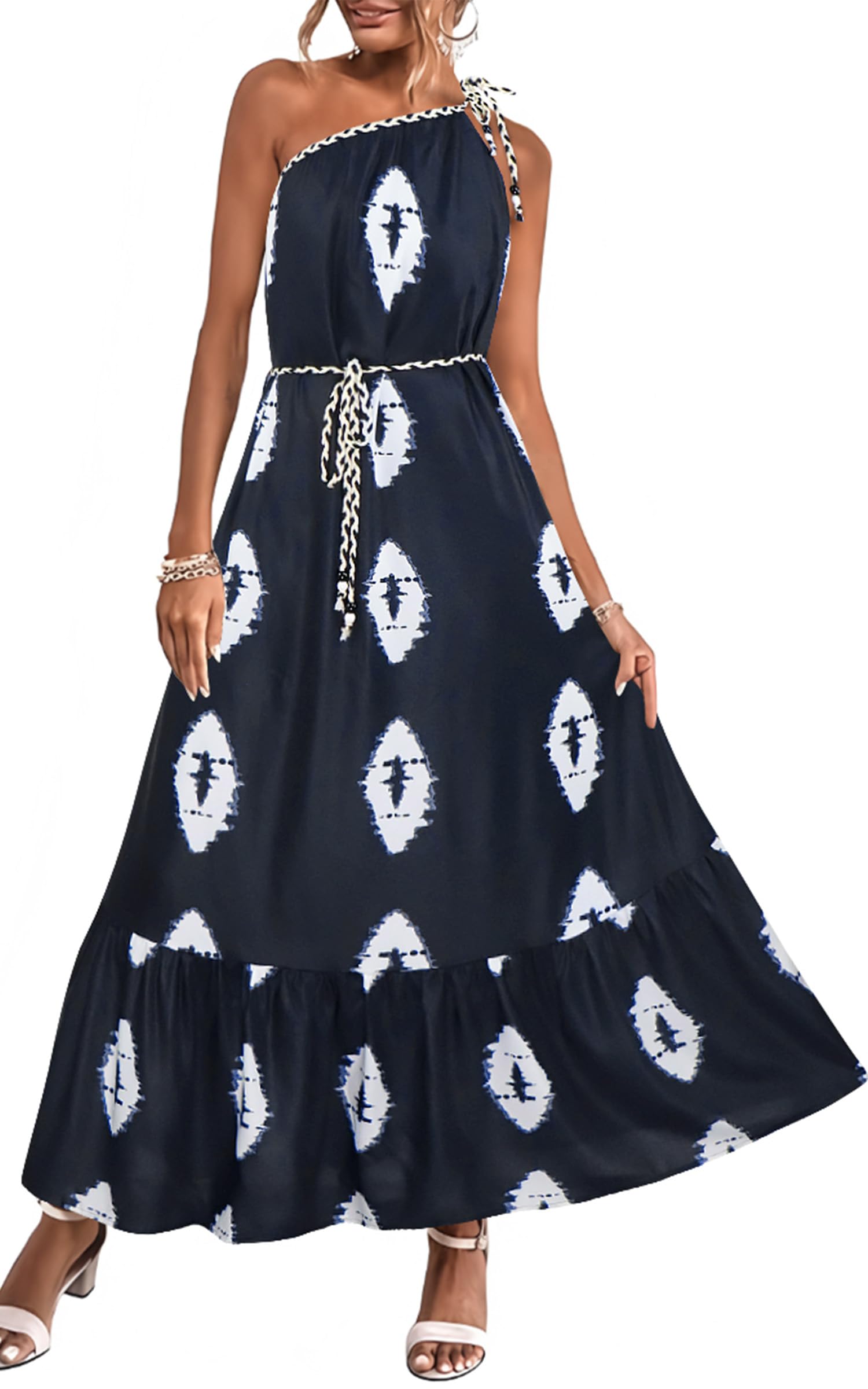 ECOWISH Women's Summer Maxi Dress - Casual One Shoulder Midi Dress for Beach Vacation | Boho Resort Long Sundress with Pockets | Perfect for Pool Parties, Tropical Getaways & Summer Outings 2025