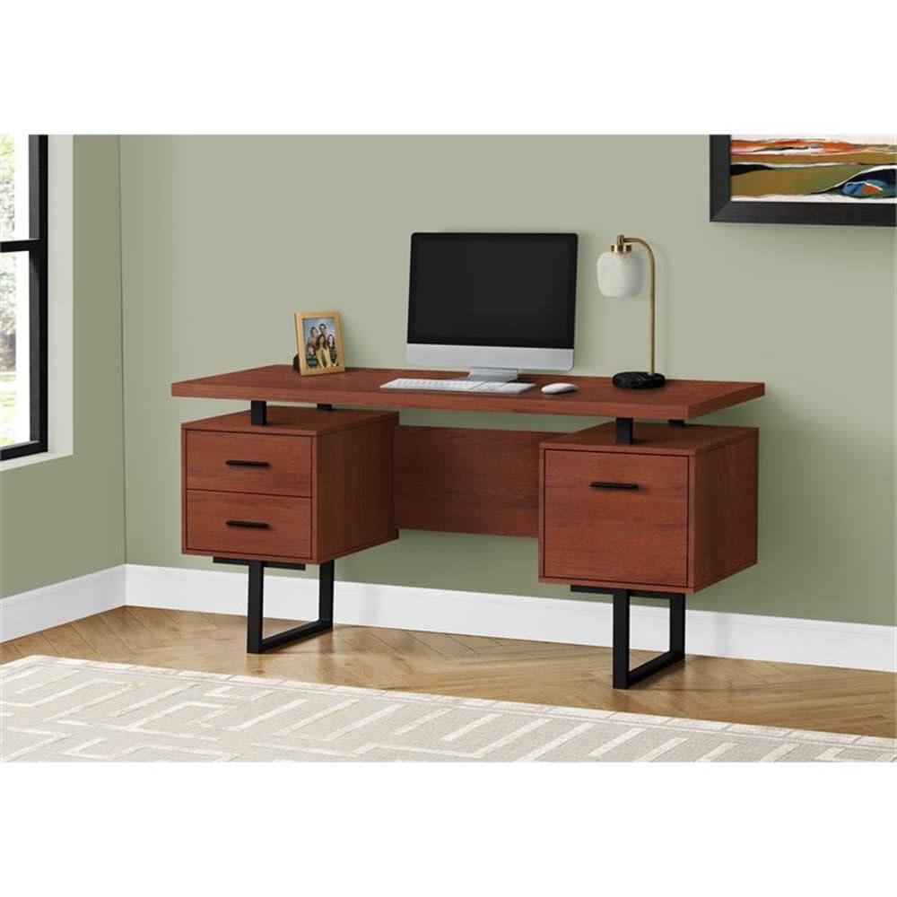 Reversible Wooden Floating Computer Desk in Cherry & Black - Space-Saving Home Office Desk for Small Spaces, Gaming, and Study