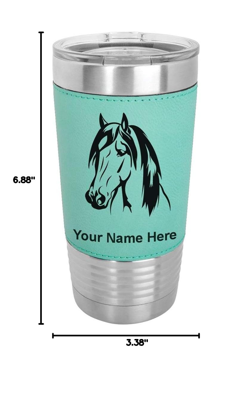 LaserGram 20oz Vacuum Insulated Stainless Steel Tumbler Mug with Horse Head Design - Personalized Engraving, Faux Leather Handle, Teal Color - Perfect for Coffee, Tea & Cold Drinks at Home, Office or Travel