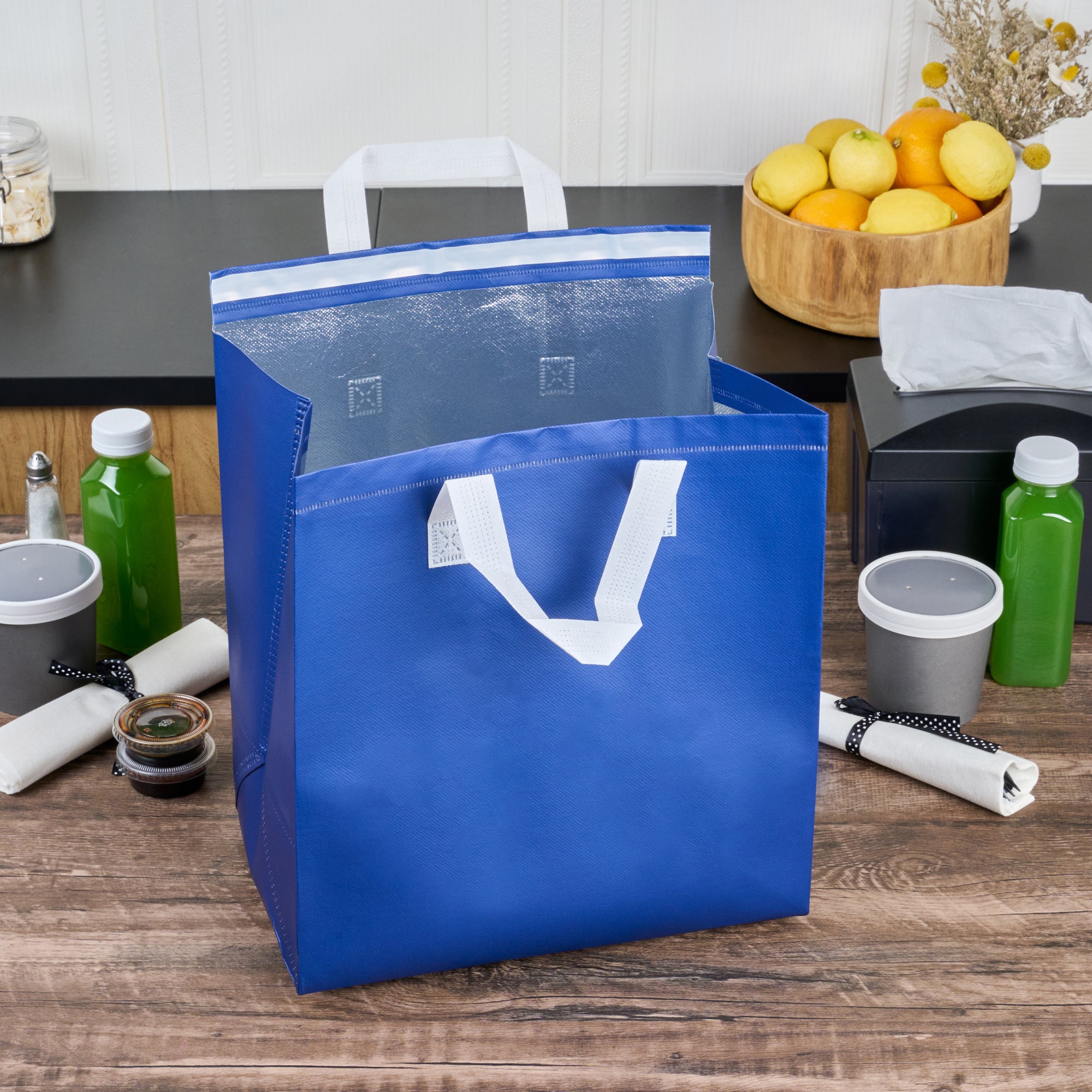 Blue Insulated Takeout Bags with Tamper-Evident Seal | 11.75