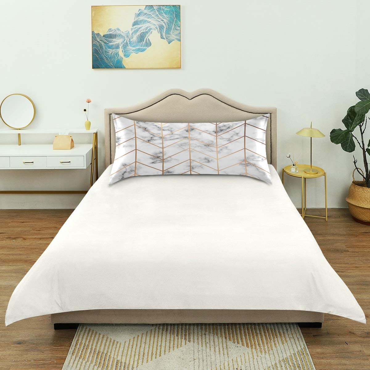 Satin Pillowcase for Hair and Skin Care - Queen Size Geometric Gold Marble Pillow Cover with Envelope Closure - Soft Decorative Pillow Sham for Bedroom, Hotel & Travel