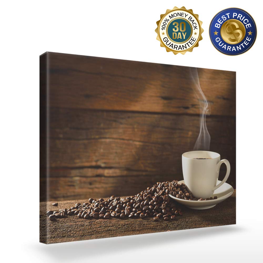 Coffee Cup & Beans Canvas Wall Art - 24x36 Inch Modern Gallery Wrapped Framed Print - Ready to Hang Home & Office Decor - Perfect for Kitchen, Cafe, Living Room & Bedroom