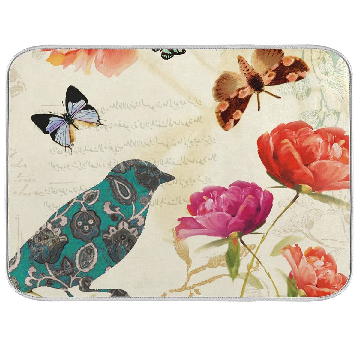 Xigua Floral Bird Butterfly Dish Drying Mat - Absorbent Microfiber Kitchen Counter Mat for Fast Drying Dishes (18x24in)