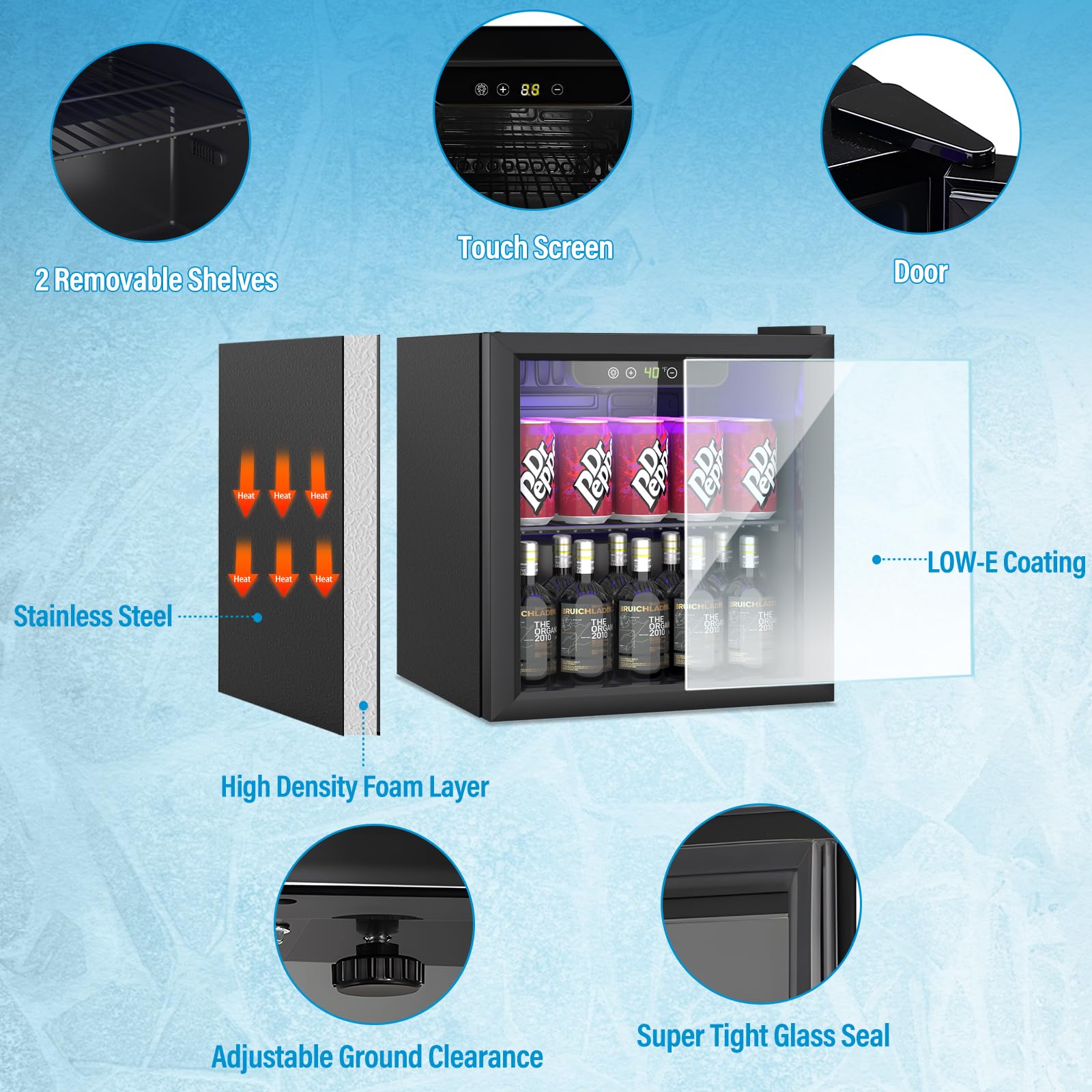 60 Can Mini Fridge - 1.3 Cu Ft Compact Beverage Cooler with Glass Door, Adjustable Shelves & Digital Display for Soda, Beer, Wine - Perfect for Home Bar, Office, Dorm Room or Under Counter Use