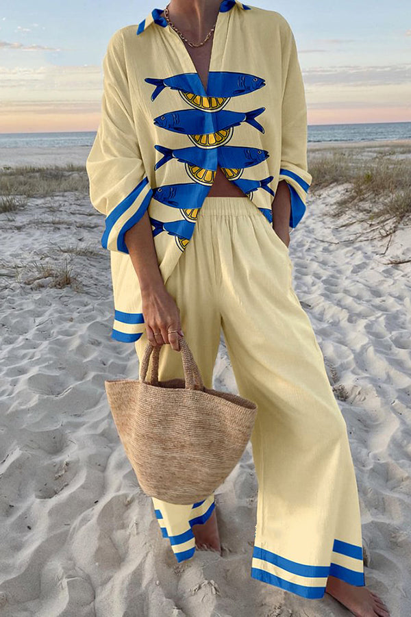 Stylish Ocean Print Oversized Shirt & Elastic Waist Pocket Pants Set - Women's Casual Loungewear for Beach Vacation & Summer Outfits