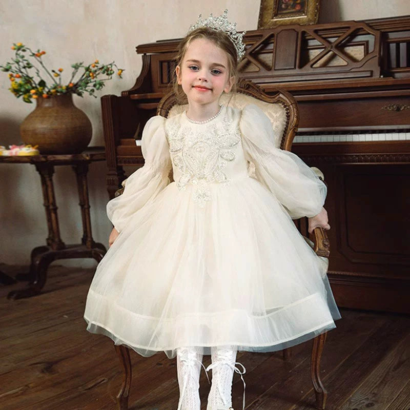 Ivory Princess Round Tea Length Tulle Flower Girl Dress - Perfect for Weddings, Birthday Parties & Special Occasions