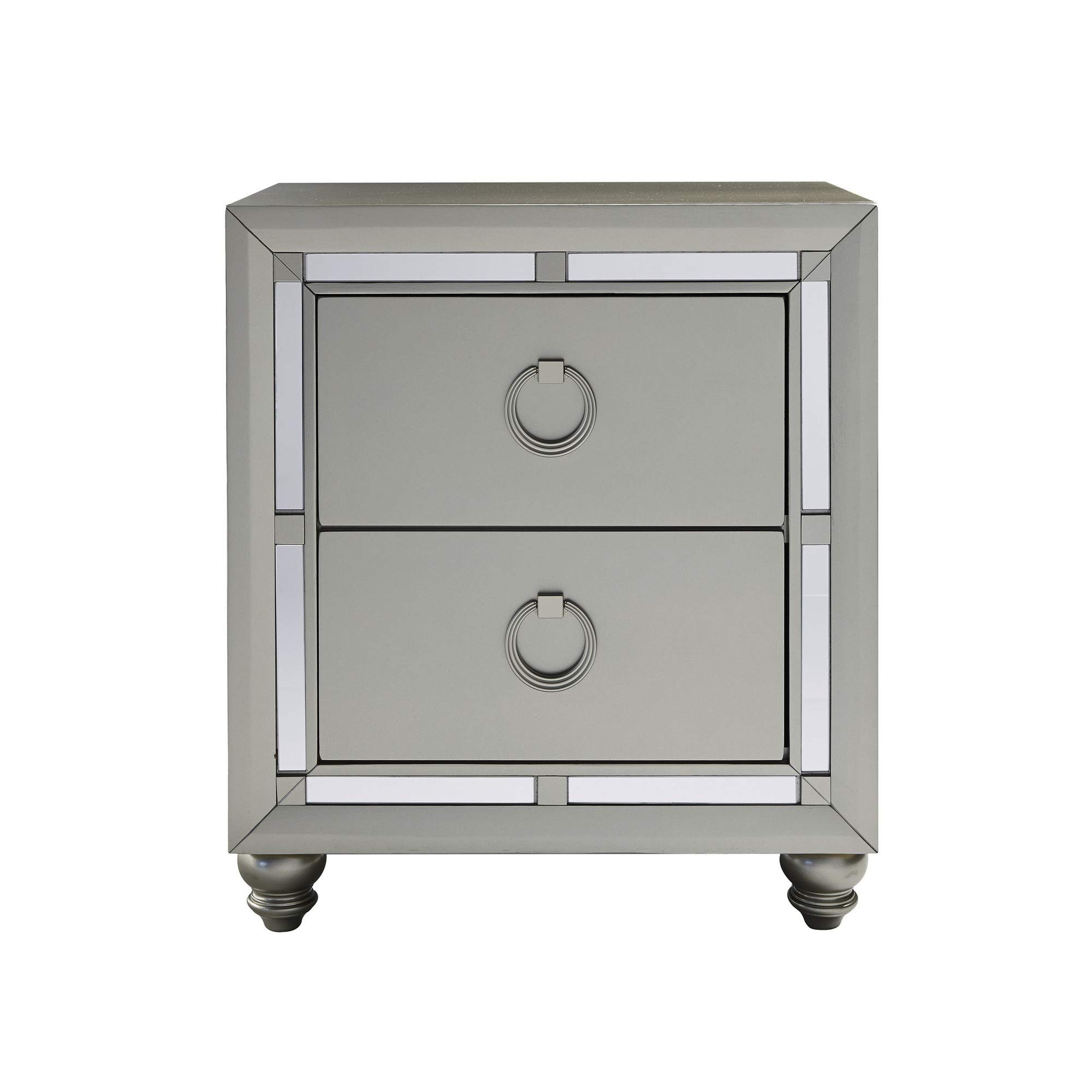 Silver Champagne Tone Nightstand with 2 Drawers & Mirror Trim - Modern Bedroom Side Table for Small Spaces, Guest Rooms & Apartment Decor