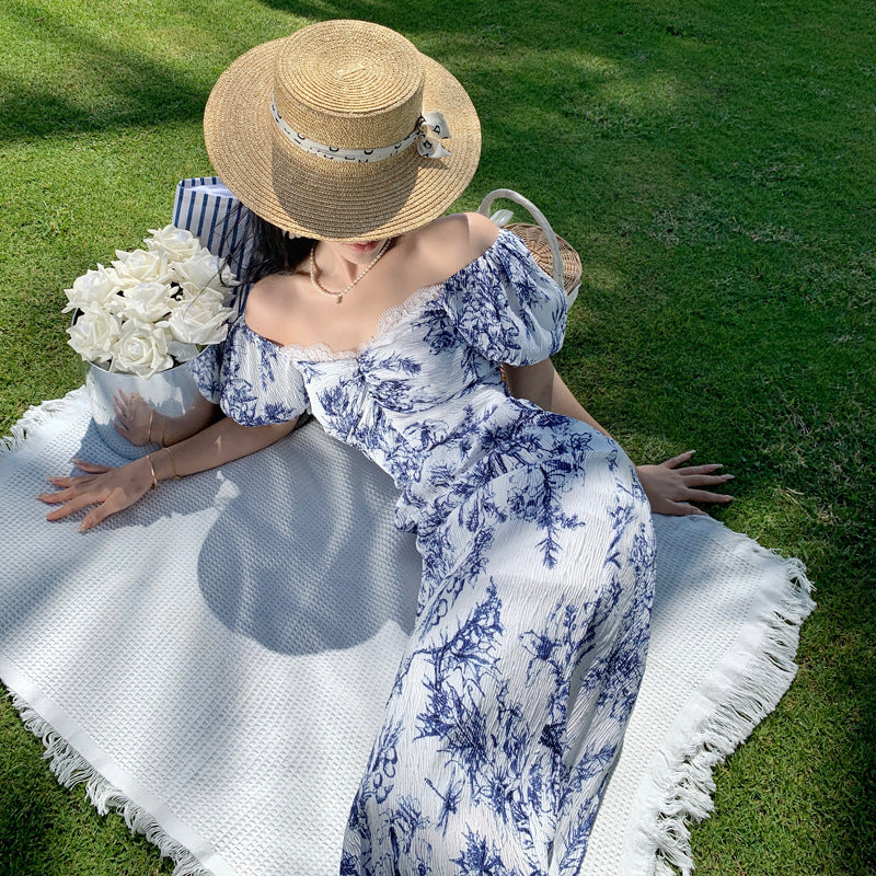 French Square Neck Puff Sleeve Off Shoulder Long Dress - Elegant Summer Midi Dress for Women, Perfect for Beach Vacation, Wedding Guest & Date Night Outfits