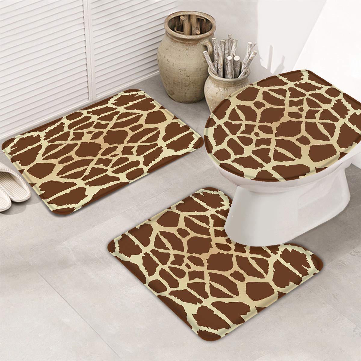 Funny Giraffe Pattern Non-Slip Bathroom Rug Set of 3 - Absorbent Washable Bath Mats with U-Shaped Toilet Mat & Lid Cover - Cute Animal Theme for Bathroom, Home Decor - Perfect for Kids' Bathrooms, Guest Bathrooms & Nursery Decor