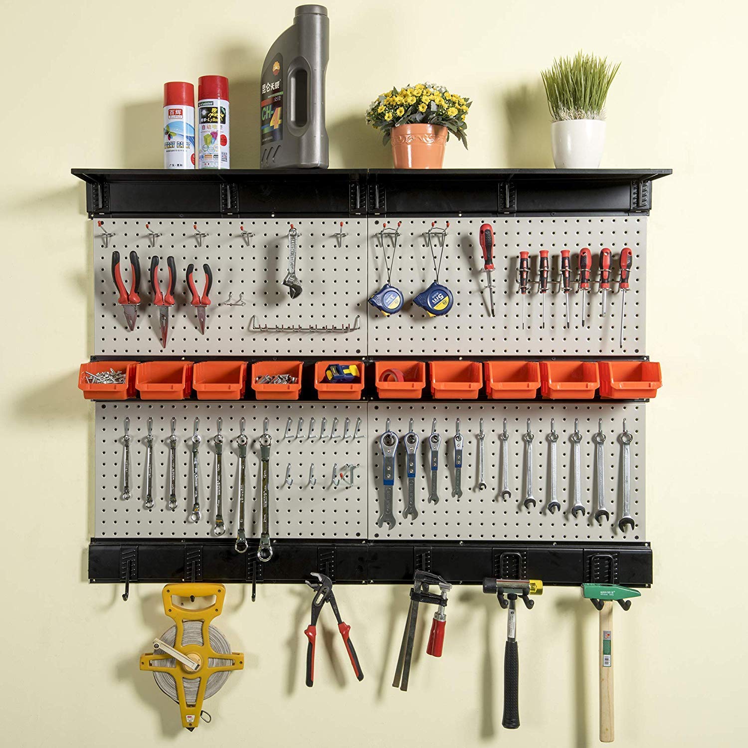 48x36 Inch Pegboard with Hooks & 24 Inch Folding Shelf Bracket - Wall Mounted Organizer for Garage, Workshop, Kitchen & Home Storage - Heavy Duty Steel Peg Board with Collapsible Shelves