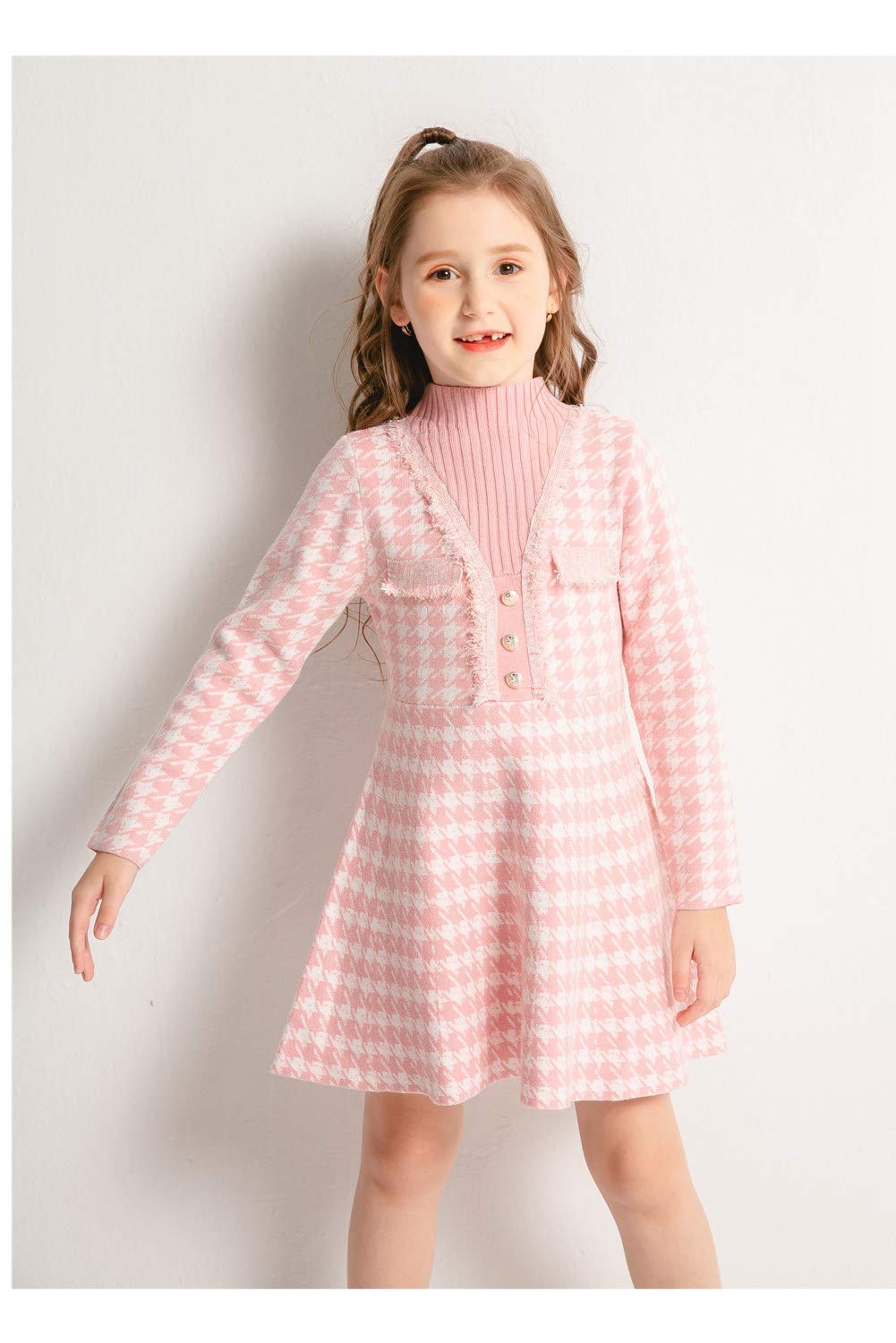 SMILING PINKER Girls Winter Knit Dress - Houndstooth Pattern Mock Neck Flare Sweater Dress for Toddler & Kids - Perfect for Christmas, Holiday Parties & Family Photos