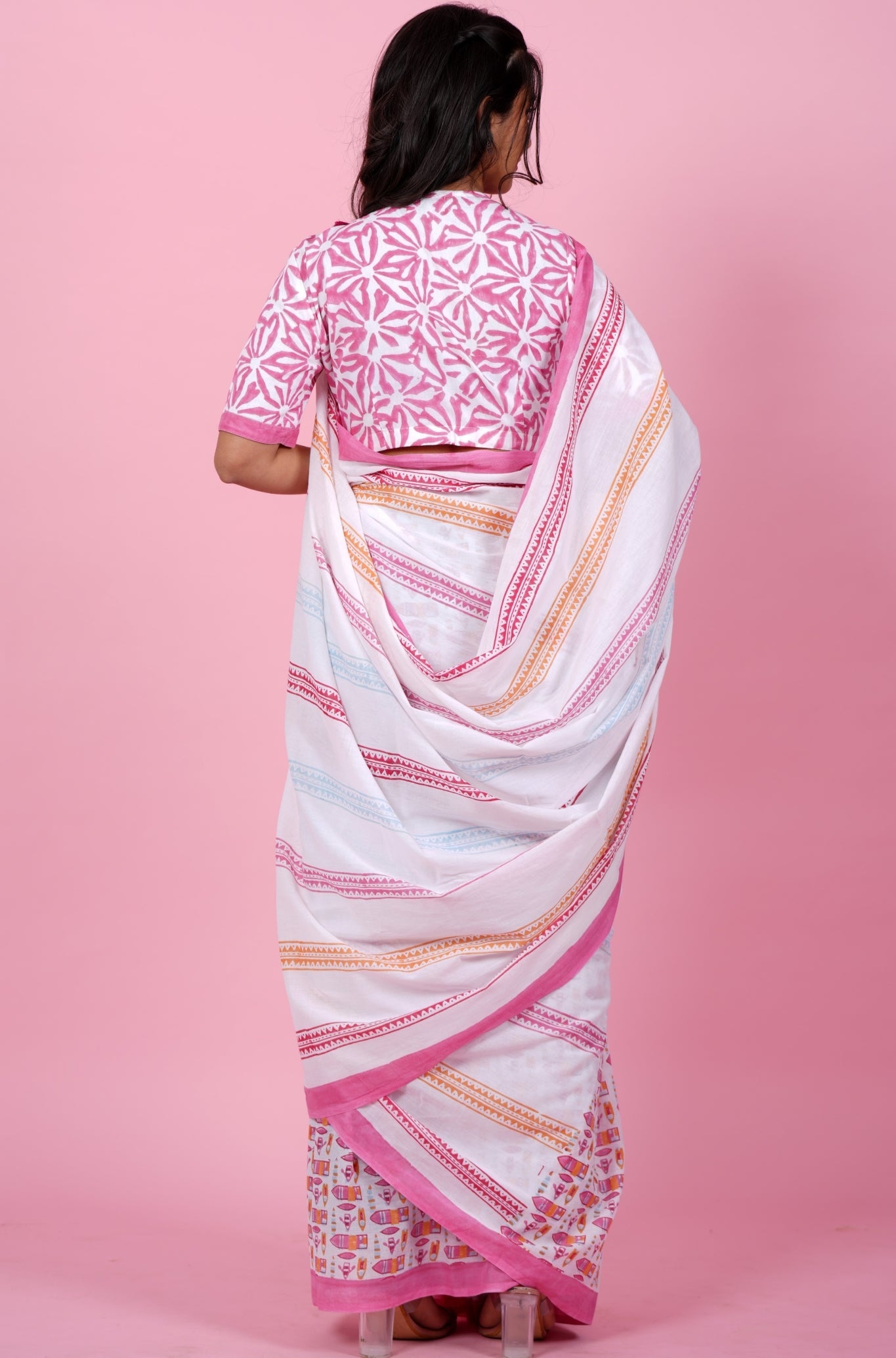 California Pink Block Printed Cotton Saree - Elegant Handmade Indian Saree for Women | Perfect for Weddings, Parties & Festive Occasions