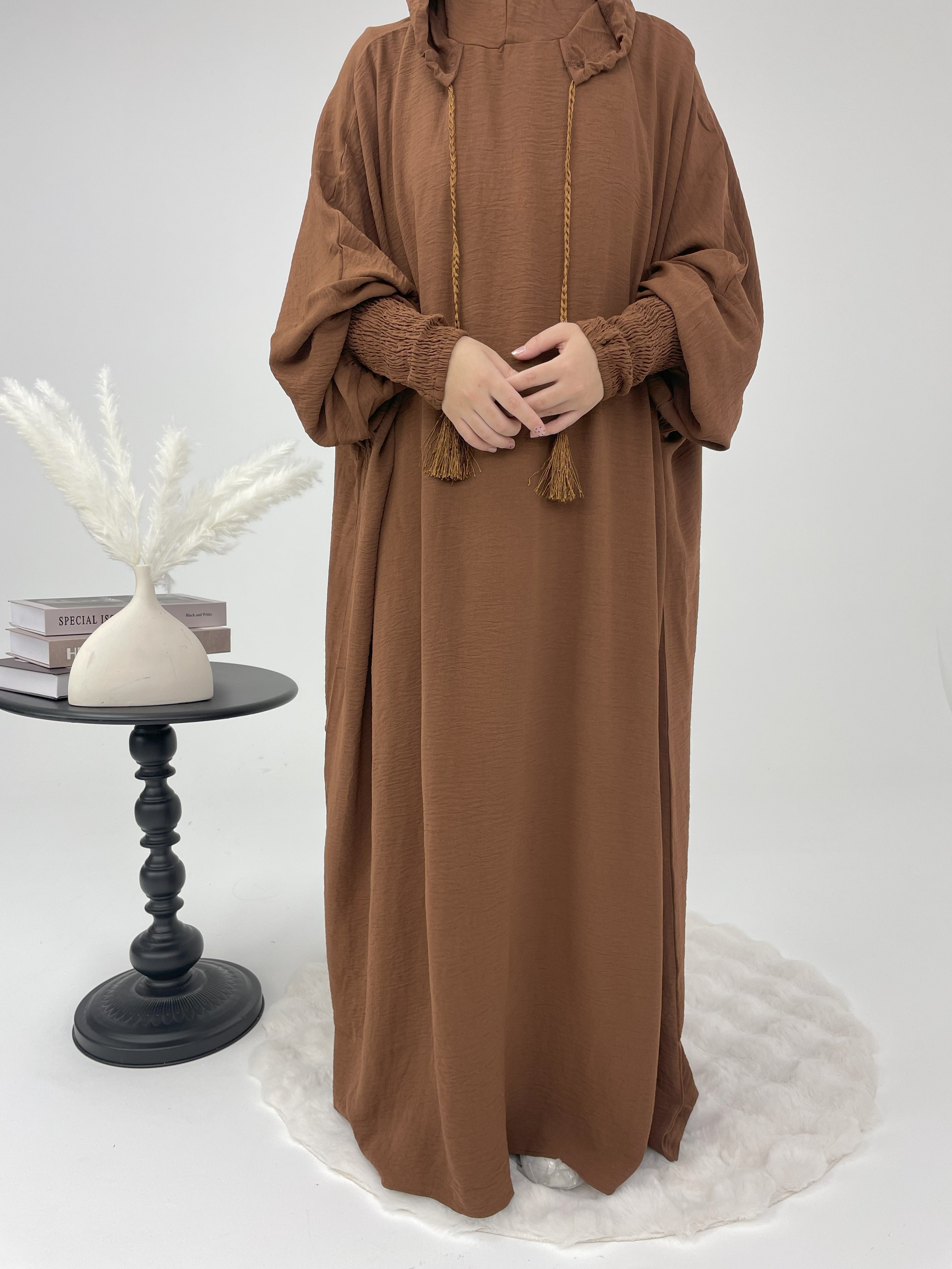 Modest Hooded Abaya Dress with Drawstring | Casual Maxi Dress with Smocked Cuffs | CLFashionNew | Perfect for Prayer, Mosque Wear & Everyday Modest Fashion