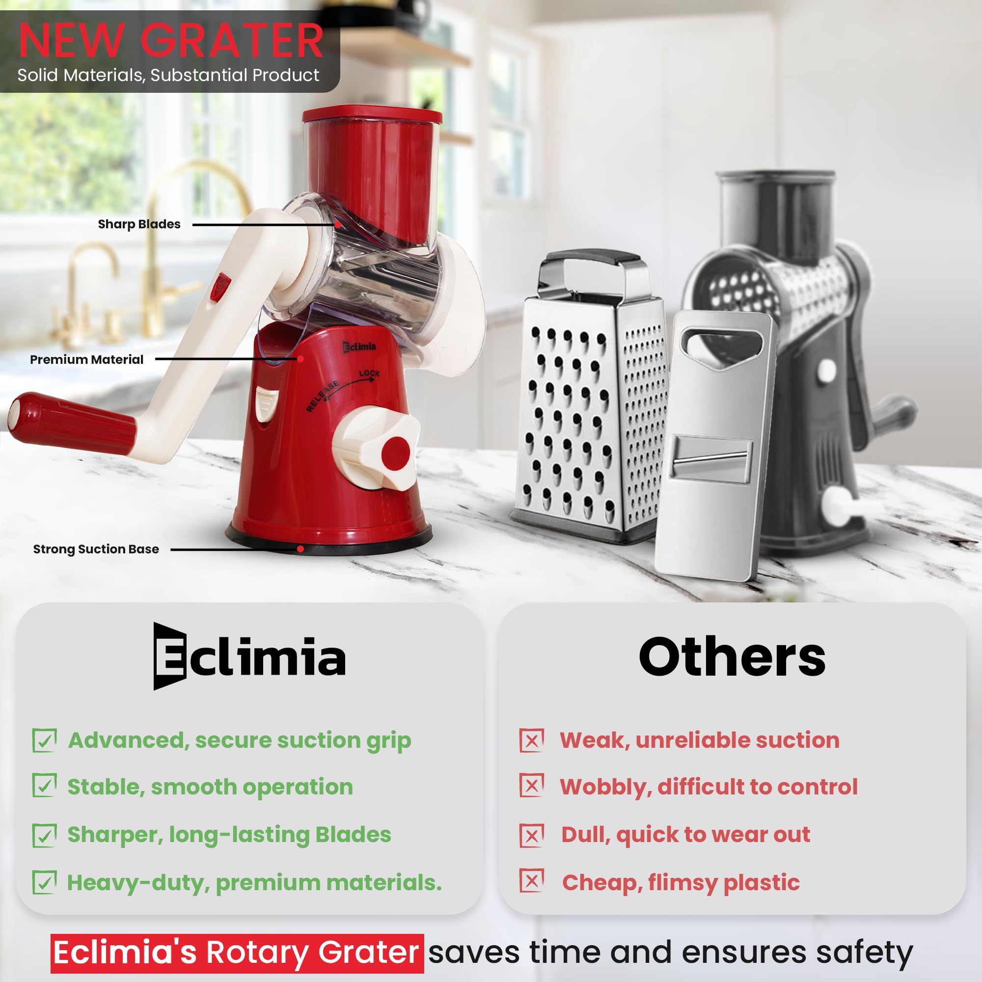 Premium Rotary Cheese Grater Set - 3-Blade Hand Crank Shredder with Suction Base, Cheese Knife, Peeler & Cleaning Brush - Perfect for Parmesan, Mozzarella & Vegetables (Red) - Ideal for Kitchen, Camping & Party Food Prep