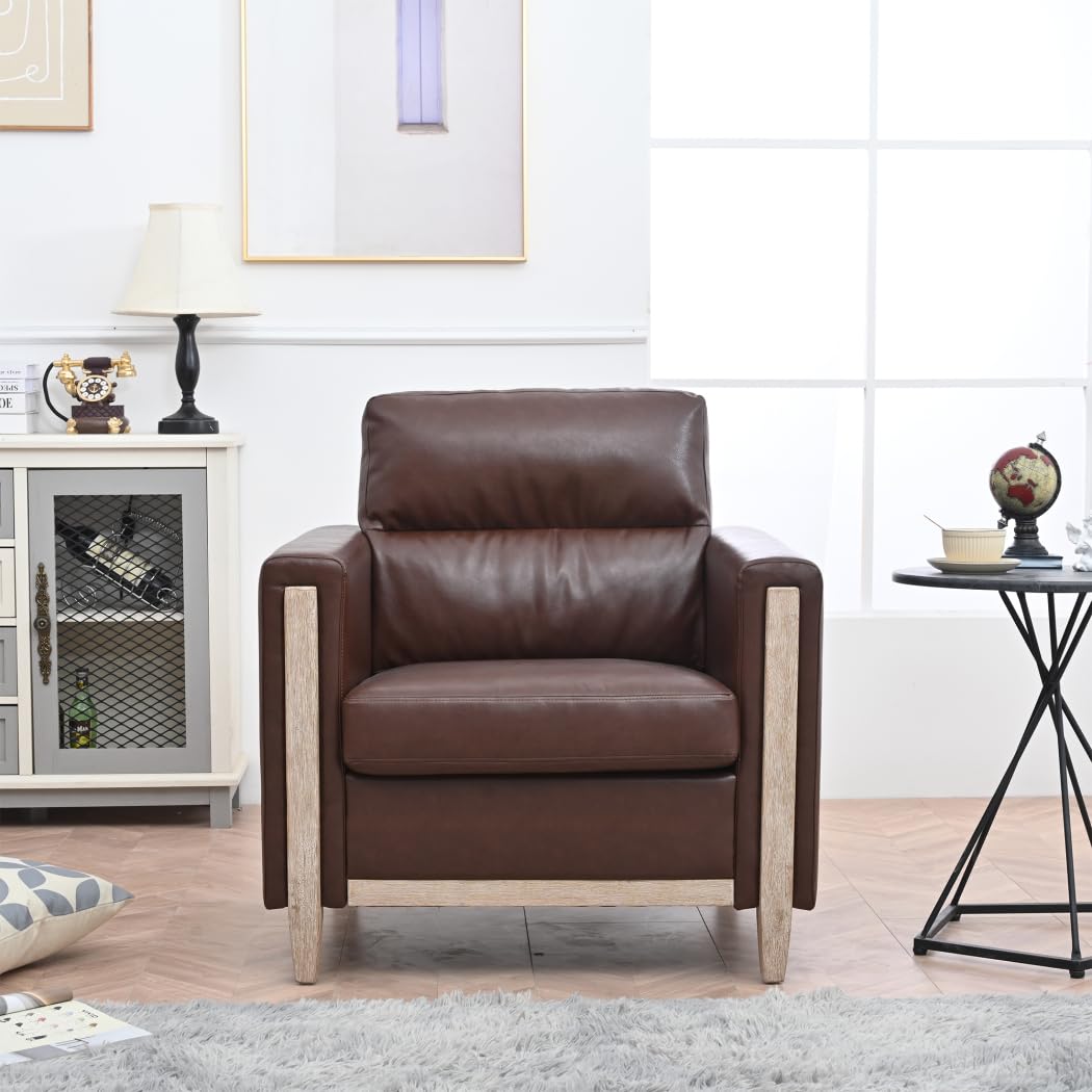 Modern Upholstered Armchair - Mid Century Style 1-Seater Sofa with PU Leather Accent, Comfortable Lounge Chair for Living Room, Bedroom, Apartment, Office & Small Spaces - Perfect for Reading, Relaxing & Home Decor (Brown PU Leather)