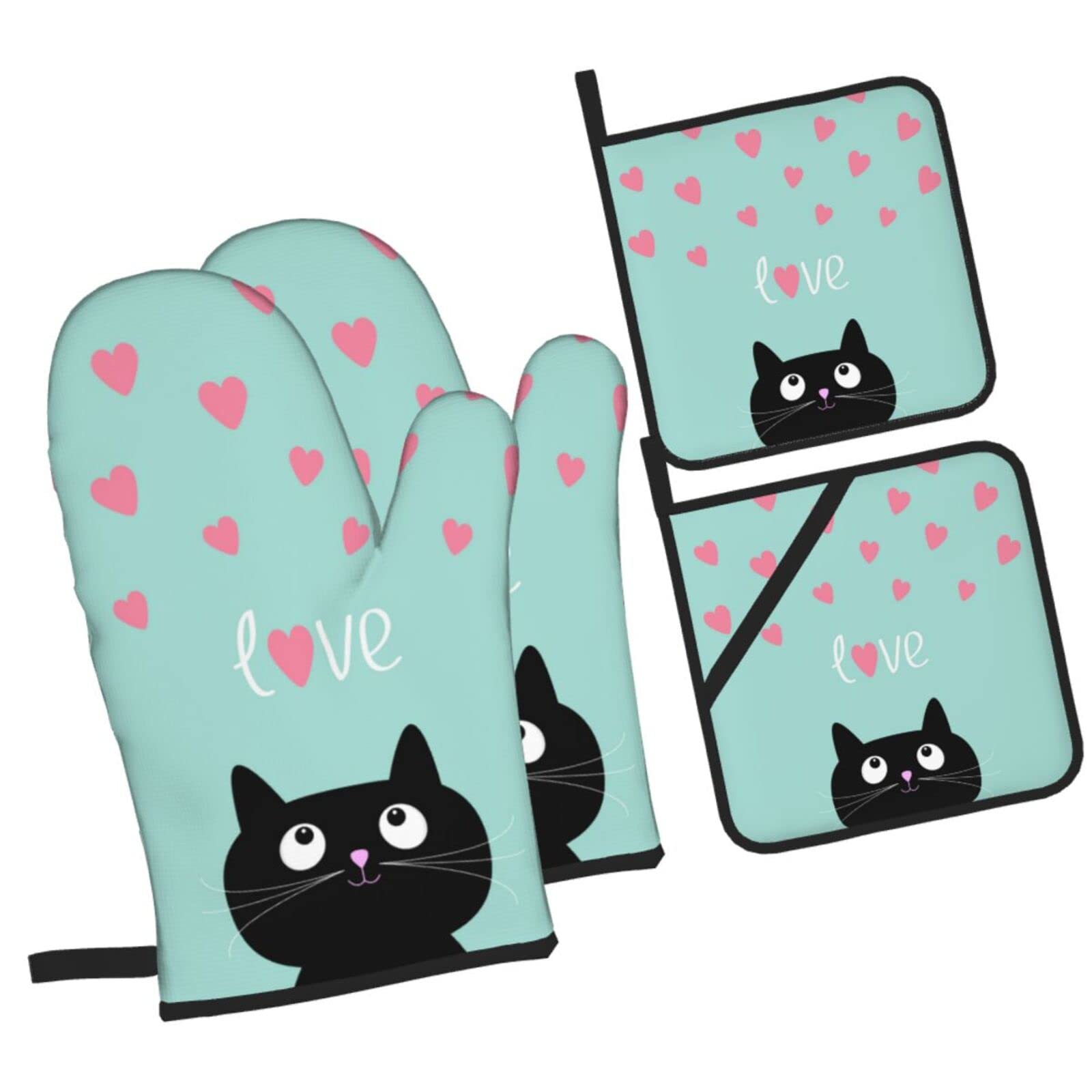 Funny Black Cat Oven Mitts and Pot Holders Set - 4pcs Heat Resistant Kitchen Gloves for Baking, Cooking, BBQ & Grilling - Perfect Gift for Cat Lovers & Home Chefs