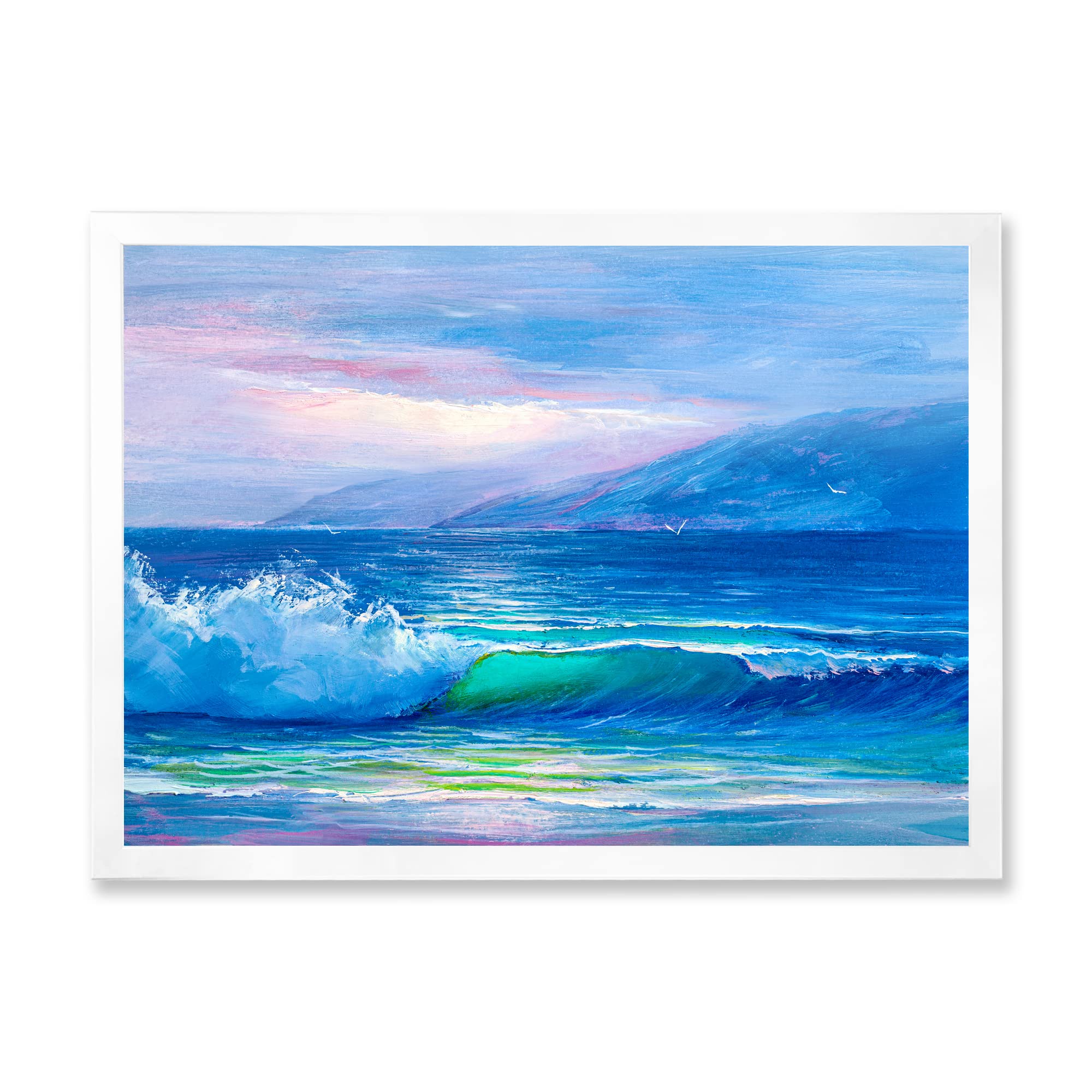 DesignQ Blue Waves Breaking At The Beach II - Coastal Framed Wall Art Decor for Living Room, Bedroom & Office - Nautical Ocean Themed Painting for Beach House & Seaside Home Decor