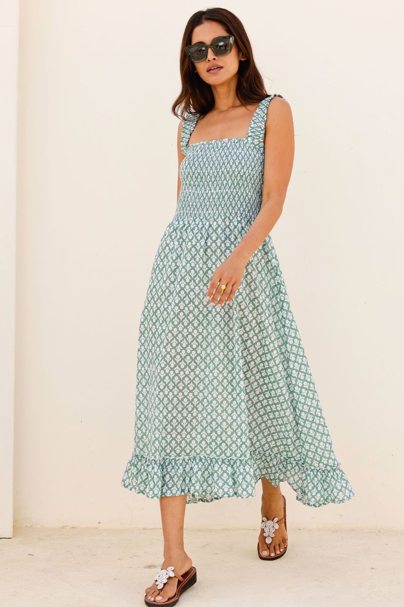 Rhianna Organic Cotton Dress - Eco-Friendly Women's Summer Dress in Sage Green & White | Perfect for Casual Outings, Beach Wear, and Boho Fashion