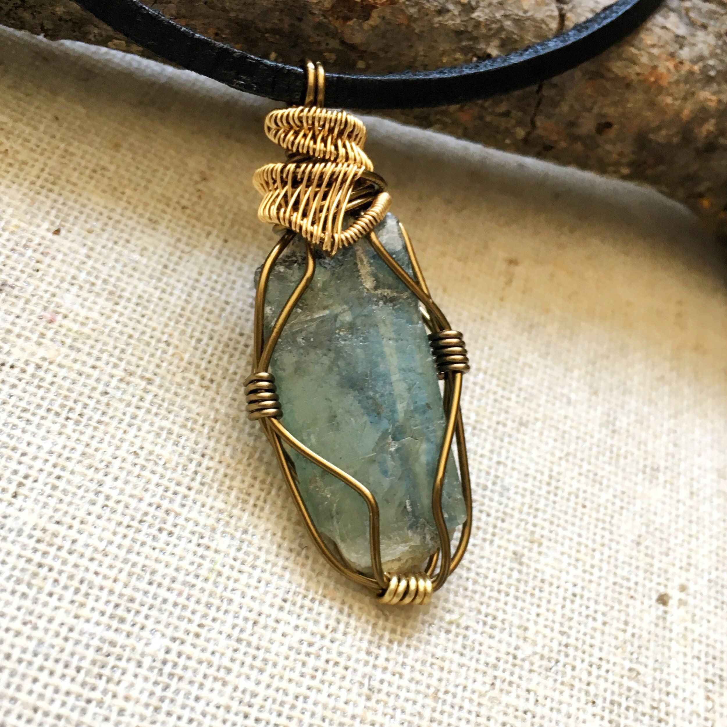 Handmade Gold & Antique Bronze Wire Wrapped Raw Green Kyanite Pendant Necklace - Natural Crystal Jewelry for Women, Boho Chic Gift, Spiritual Healing & Everyday Wear