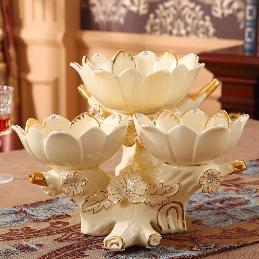 Lotus Three-Grain Dried Fruit Plate - European Style Ceramic Double Fruit Bowl, Modern Multi-Layer Snack Tray for Living Room, Kitchen & Dining Room - Perfect for Serving Nuts, Candy, Fruits & Appetizers
