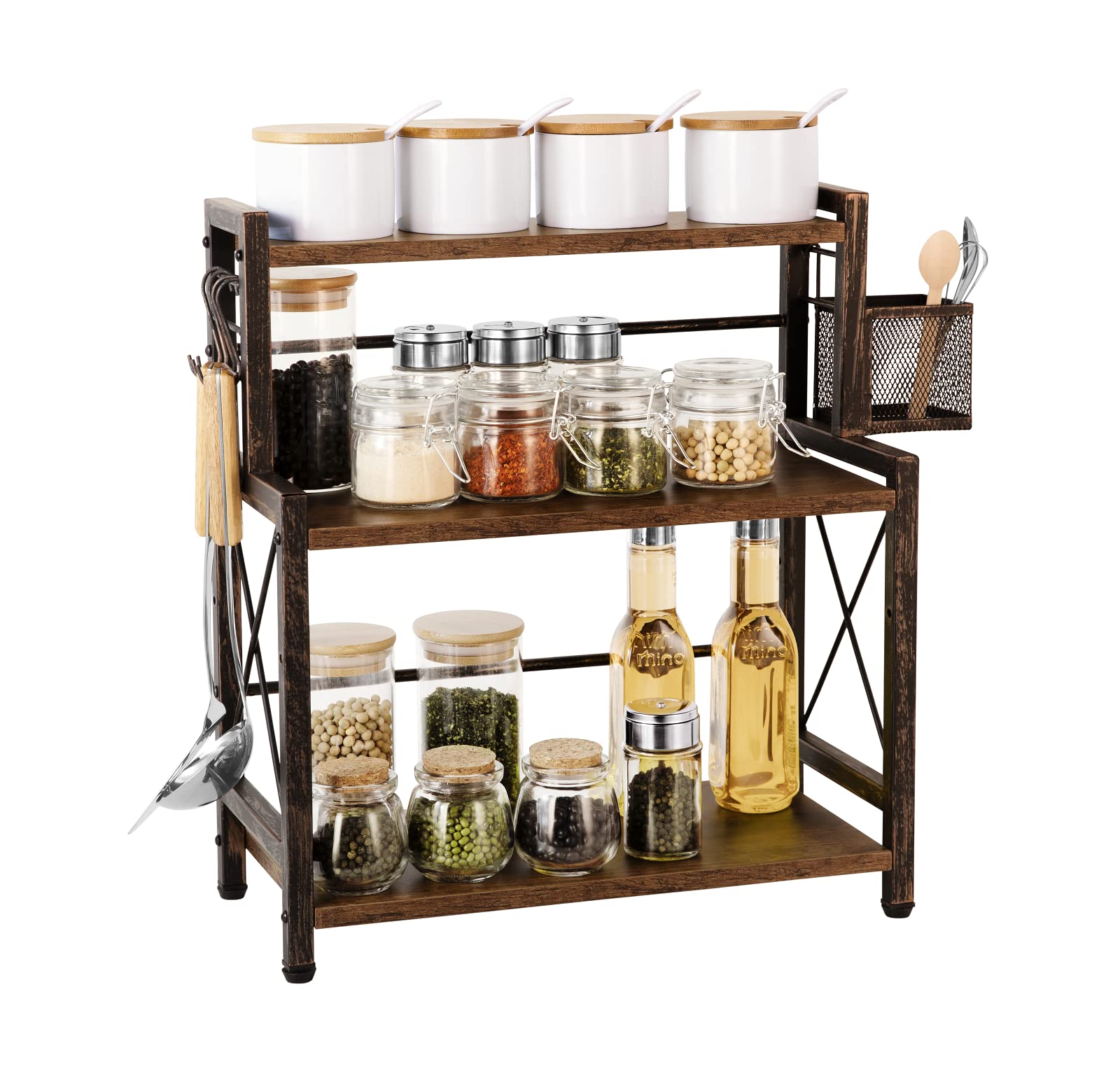 3-Tier Spice Rack Organizer with Wire Baskets & Engineered Wood - Countertop, Kitchen, Office Storage Shelf for Spices, Utensils & Supplies | Perfect for Small Spaces, Pantry Organization & Home Decor