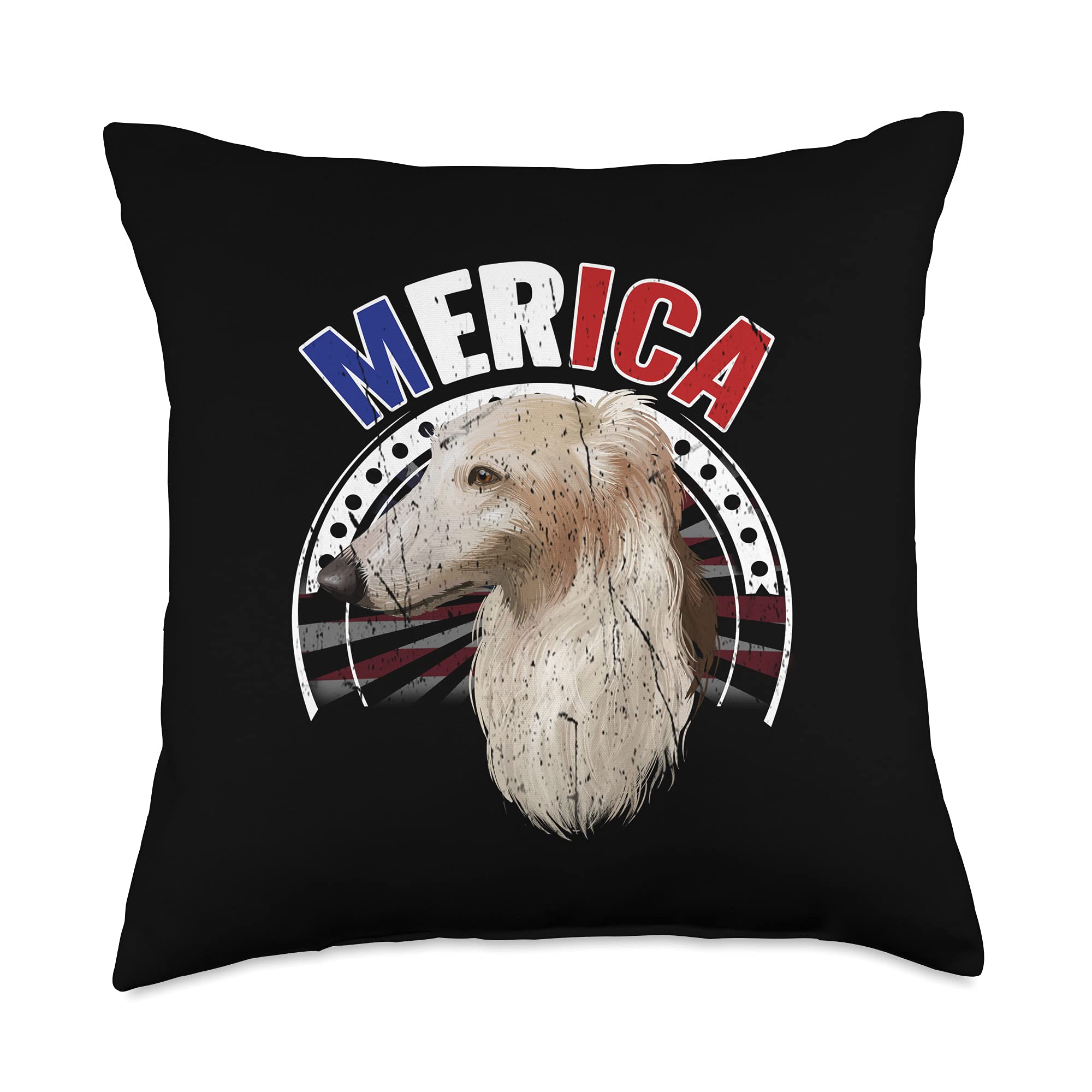 Merica Borzoi Dog American Flag USA Patriotic Throw Pillow 18x18 Inches - Funny Home Decor for Couch, Bedroom & Living Room - Multicolor Design