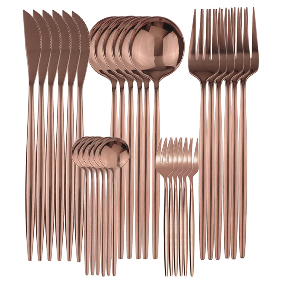 Gugrida 30-Piece Mirror Polish Copper Cutlery Set - 304 Stainless Steel Dinnerware Set for 6 People - Elegant Kitchen & Tableware with Fruit & Cake Forks - Perfect for Dining, Parties & Gift Giving
