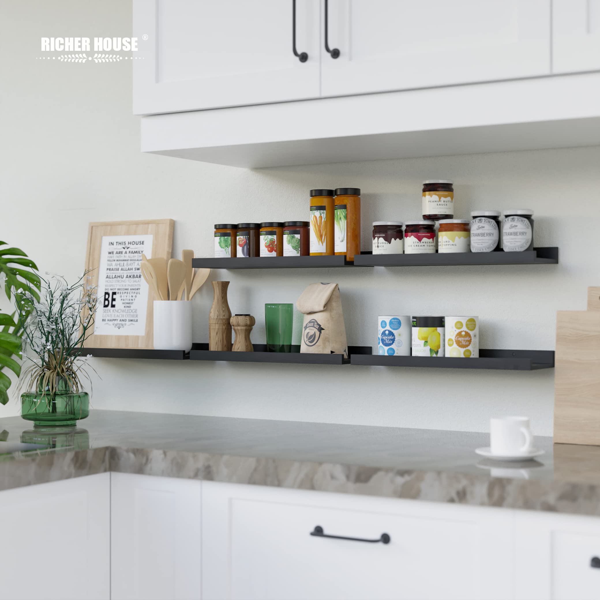RICHER HOUSE 5-Piece Floating Wall Shelves Set - Black Modern Picture Ledge with Lip for Storage | Wall Decor for Nursery, Bedroom, Living Room & Bathroom - Perfect for Displaying Photos, Books & Decorative Items